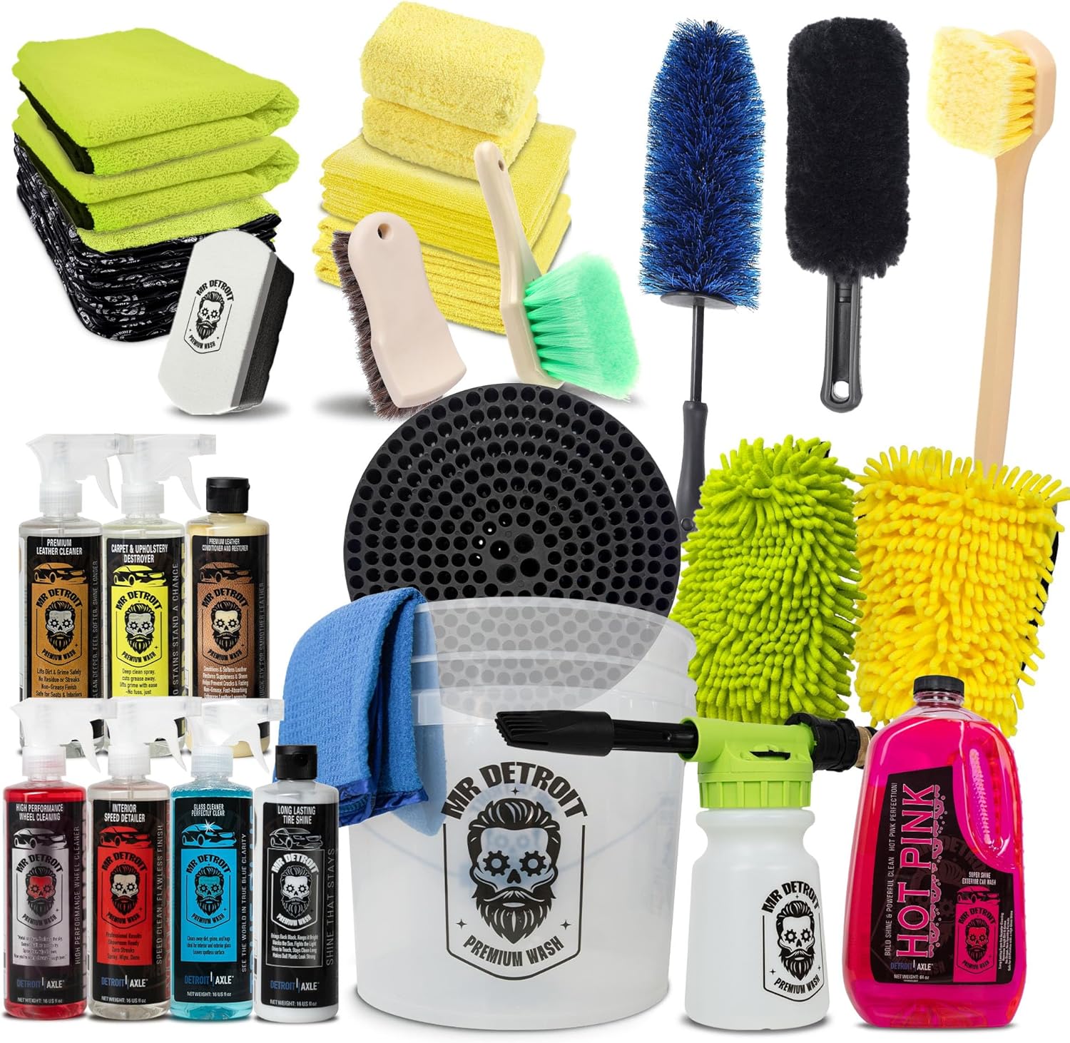 Mr. Detroit - 26pc Car Wash Kit with Car Care Cleaners, Bucket w/Filter, Wash Gloves Towels, Wheel Rim Brushes Tire Shine, Leather Conditioner, Sponge Pads, Interior Exterior Detailing for Vehicles