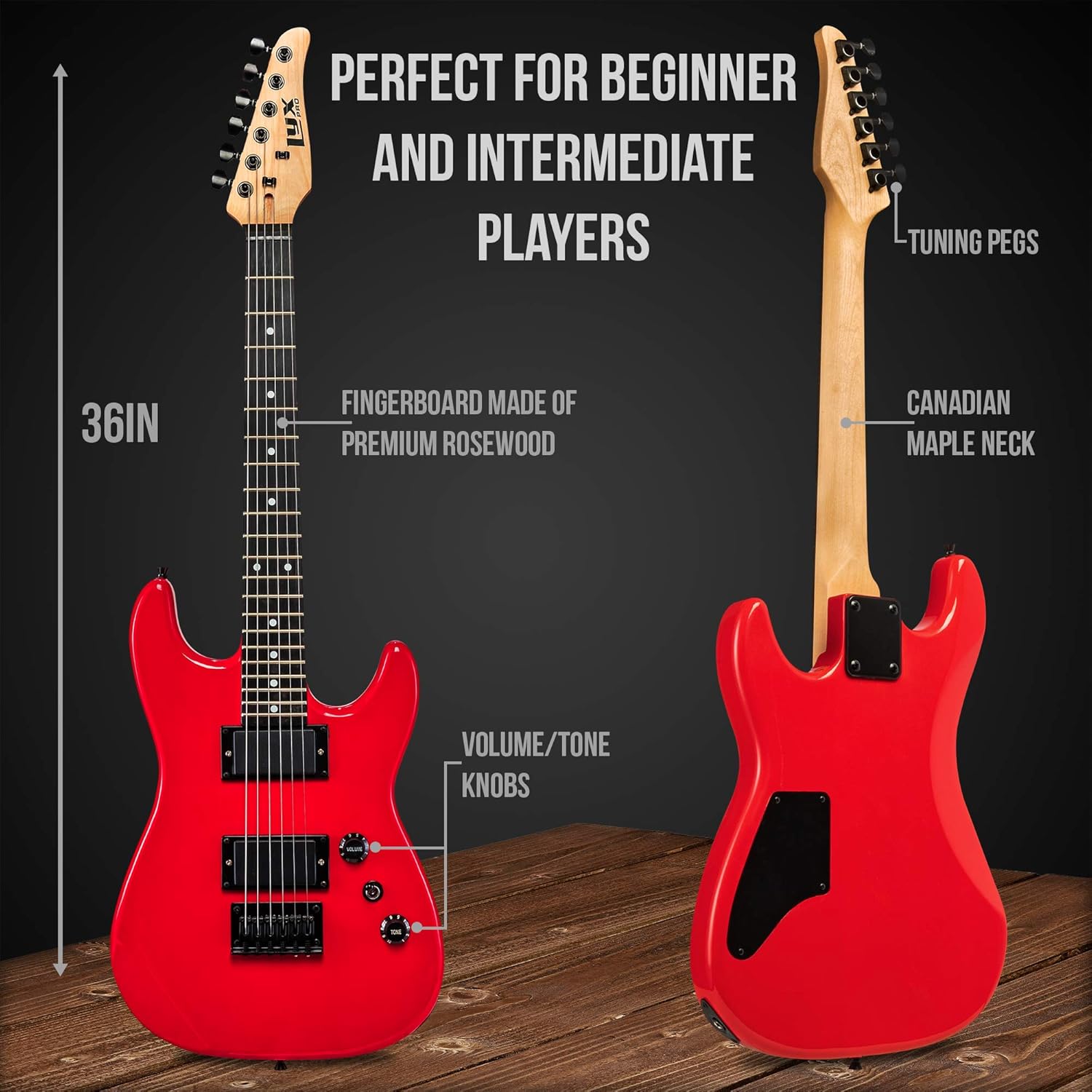 LyxPro 36 Inch Electric Guitar and Kit for Kids with 3/4 Size Beginner’s Guitar, Amp, Six Strings, Two Picks, Shoulder Strap, Digital Clip On Tuner, Cable and Soft Case Gig Bag -Red