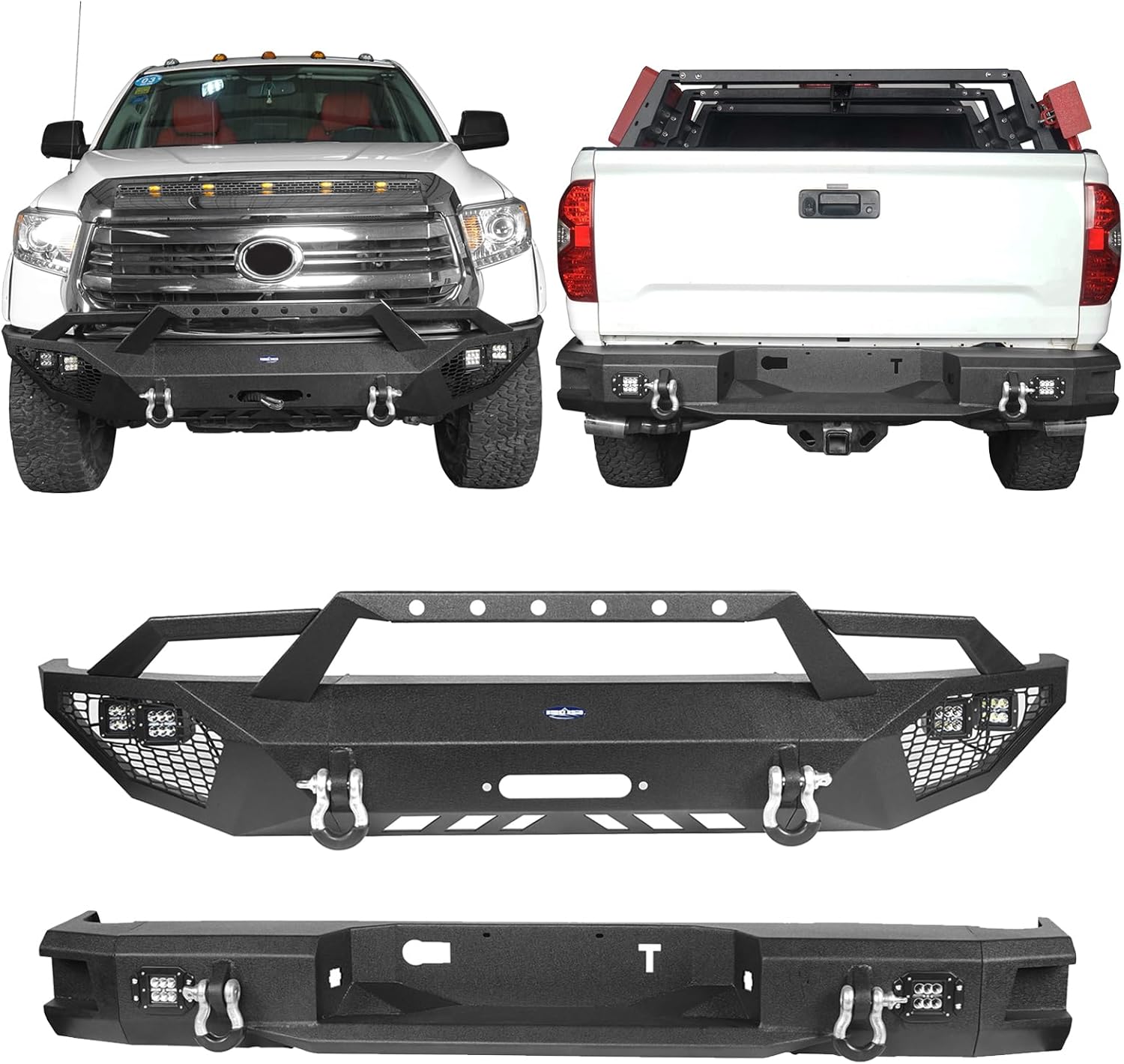 Hooke Road Full Width Front & Rear Bumpers Combo for 2014-2021 Toyota Tundra, Solid Steel Bumper w/Winch Plate & LED Lights