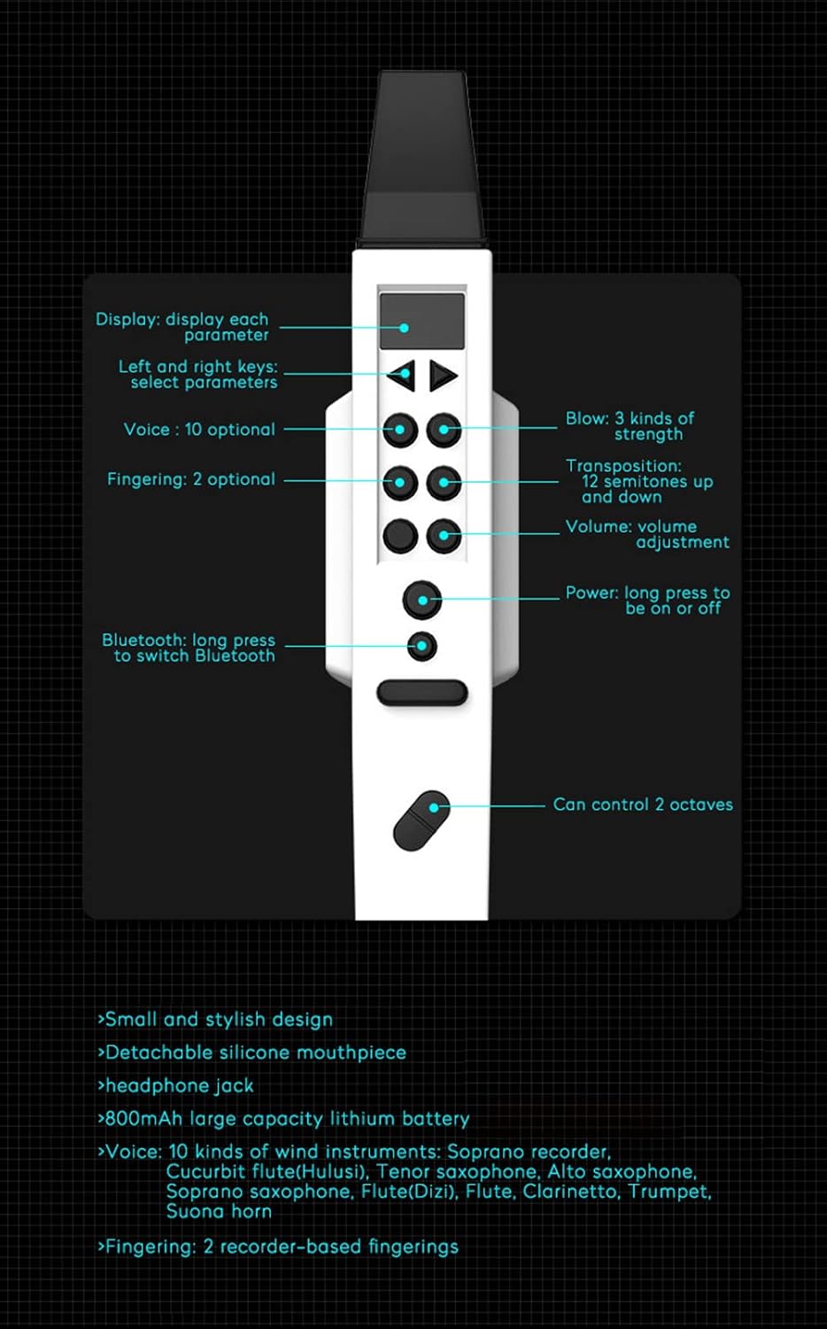 Mini Digital Wind Instrument Electronic Wind instrument with Built-in Battery Charging Mode for Imitation of various musical instrument sounds (White)