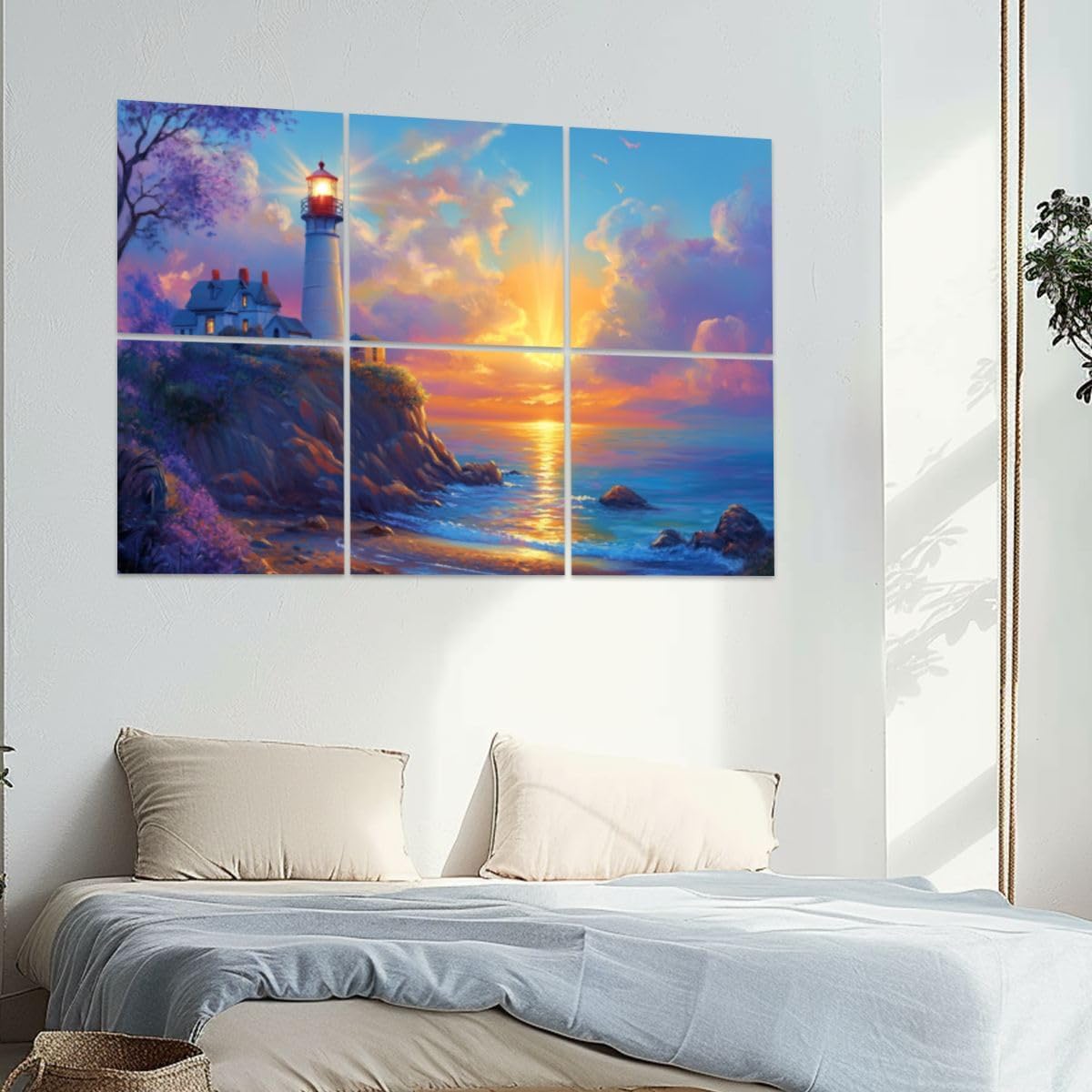 6 Pack Art Acoustic Panels Lighthouse Sunset Impressionist Style Soundproof Wall Panels, 48