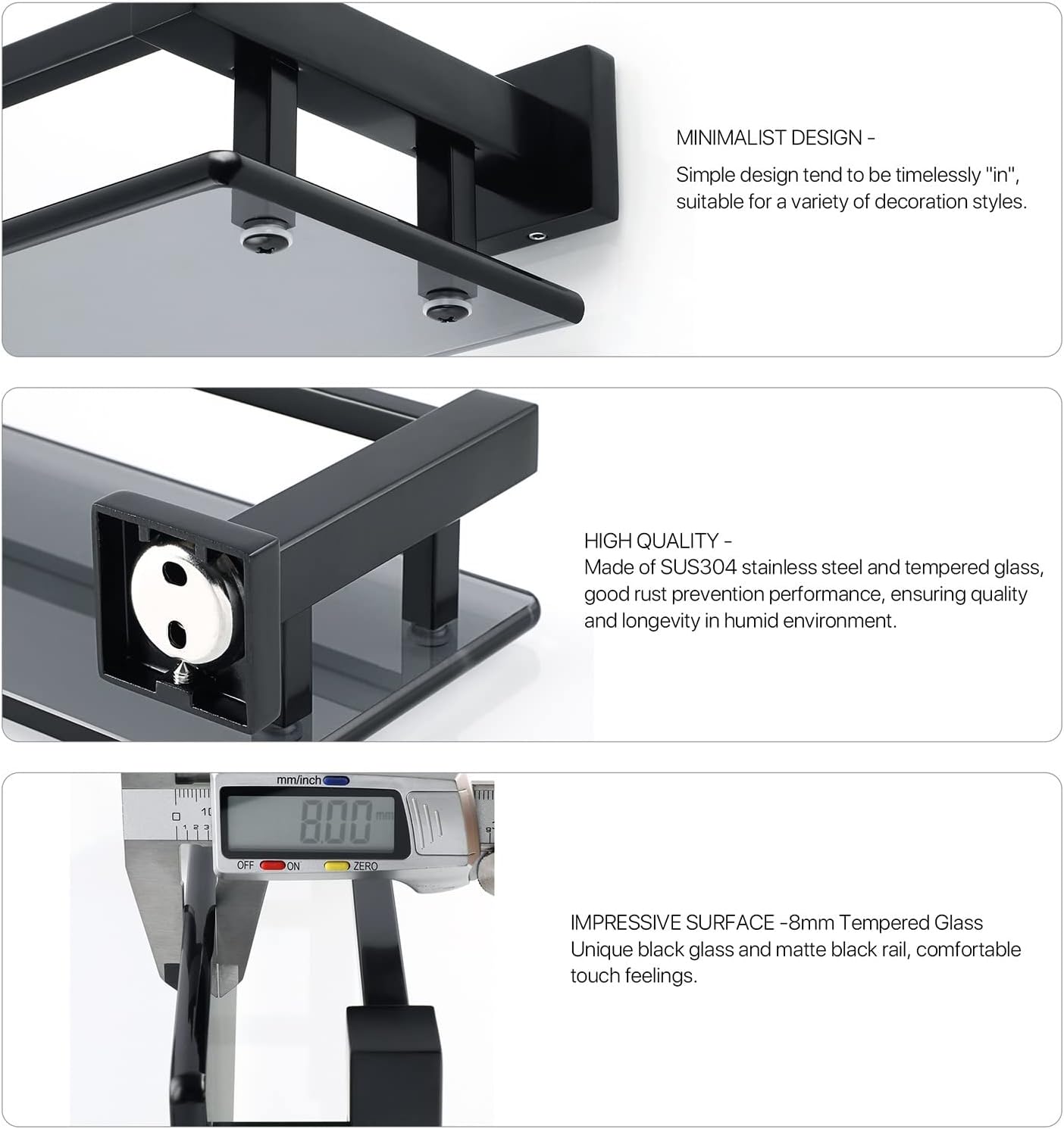 Shower Caddy Bathroom Shelves, Tempered Glass Shelf, Wall Mount Stainless Steel Rail Bathroom Shelf Shampoo Organizer, Bathroom Accessories Bathroom Organizer (Color : B, Size : 40CM)