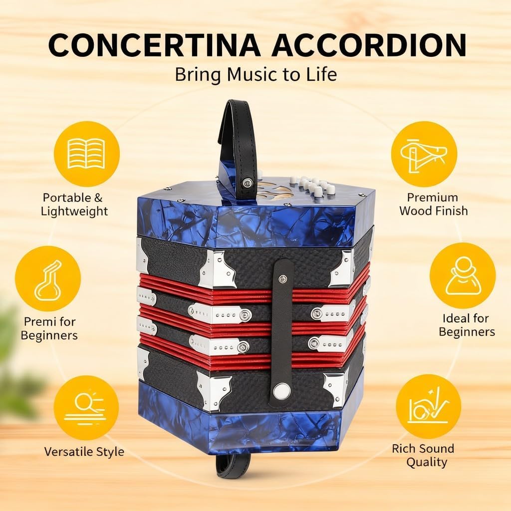 Concertina Accordion, Portable Professional Musical Instrument, Solid Wood Leather Celluloid, 18 x 17 x 17cm, 3 Colors - Adjustable Hand Strap, Beginner Friendly, Ideal for Adult (Jewel Blue)