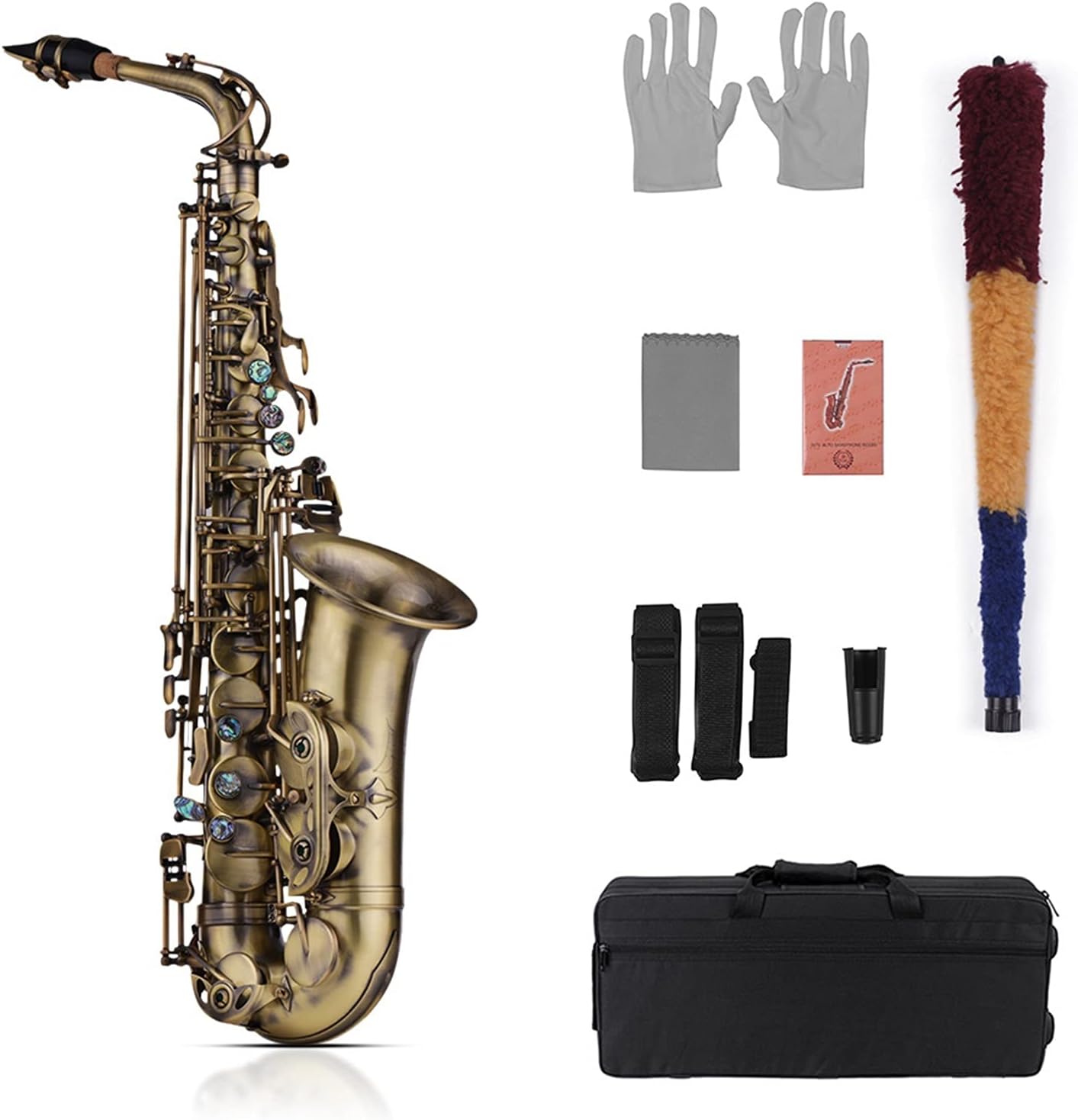Saxophone Set High Grade Antique Finish EB E-Flat Alto Saxophone Sax Shell Key Carve Pattern Woodwind Instrument with Padded Carry Saxophones Student