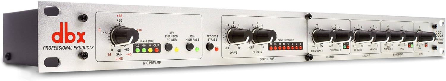 dbx DBX286SV Instrument, Microphone Preamp & Channel Strip Processor, with Compression, De-Esser, Enhancer, Expander/Gate, Loop-Out. Metering LEDs, XLR and ¼” inputs. Rack Mountable 1U. Silver
