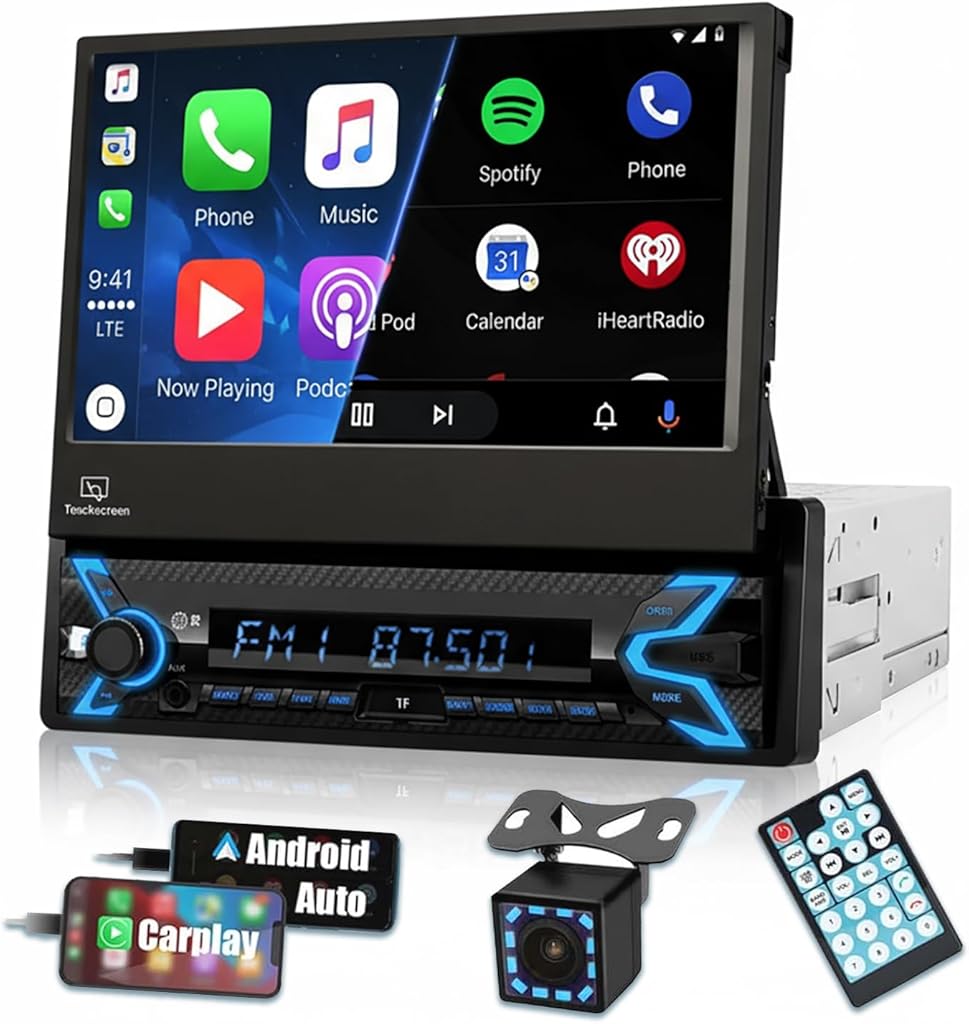 Single Din Car Stereo with Apple CarPlay Android Auto, 7-inch Motorized Flip Out Touchscreen HD Display, Backup Camera, Bluetooth, USB, FM Radio, Mirror Link, SWC, Supports Subwoofer