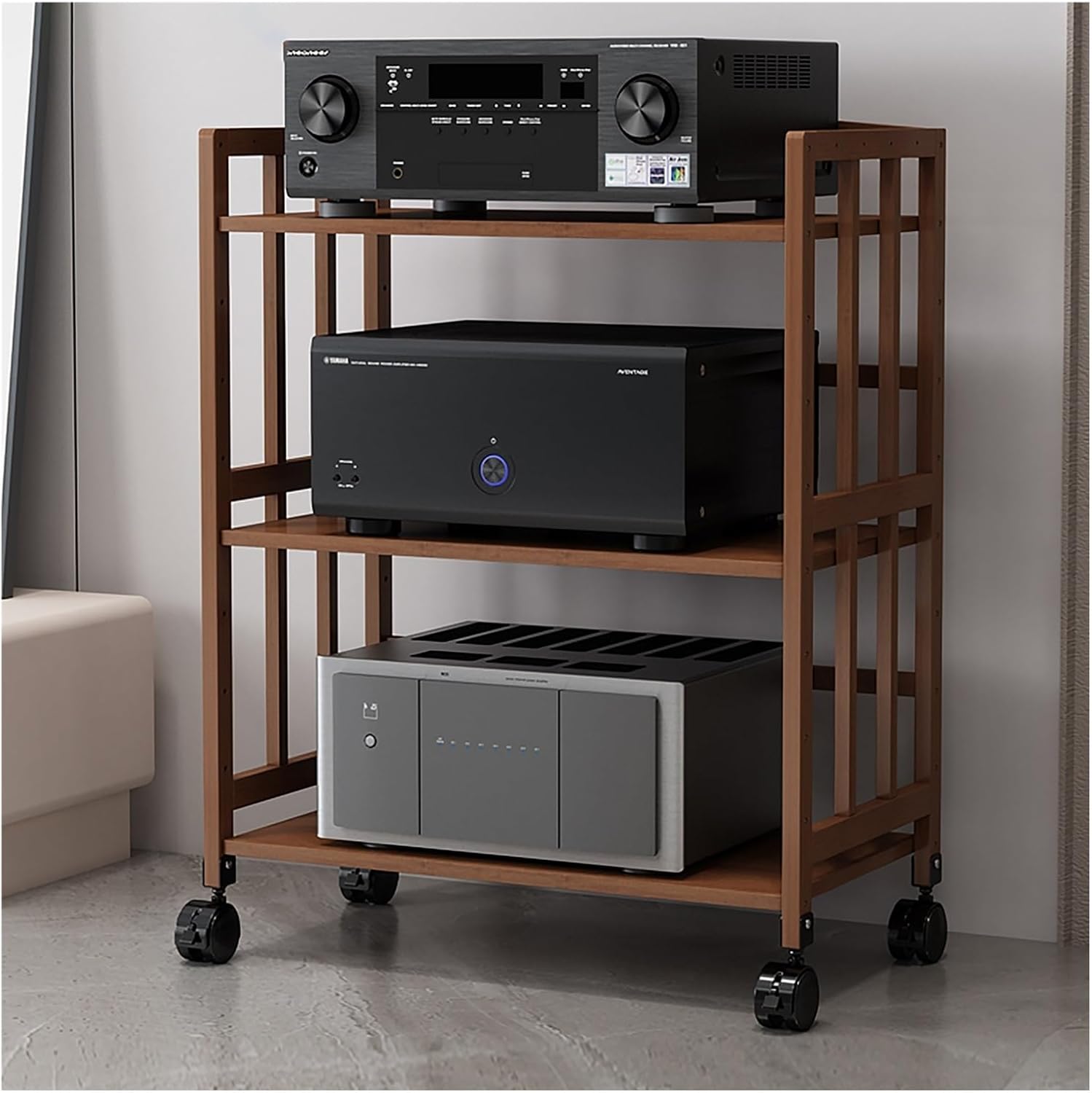 Home Stereo Racks and Stands on Wheels, Mobile Bamboo Audio Amplifier Media Cabinet 2 3 4 5 Layer Adjustable Height, Living Room/Bedroom/Farmhouse Standing Media Shelf,Brown L 55cm/H 3Tier
