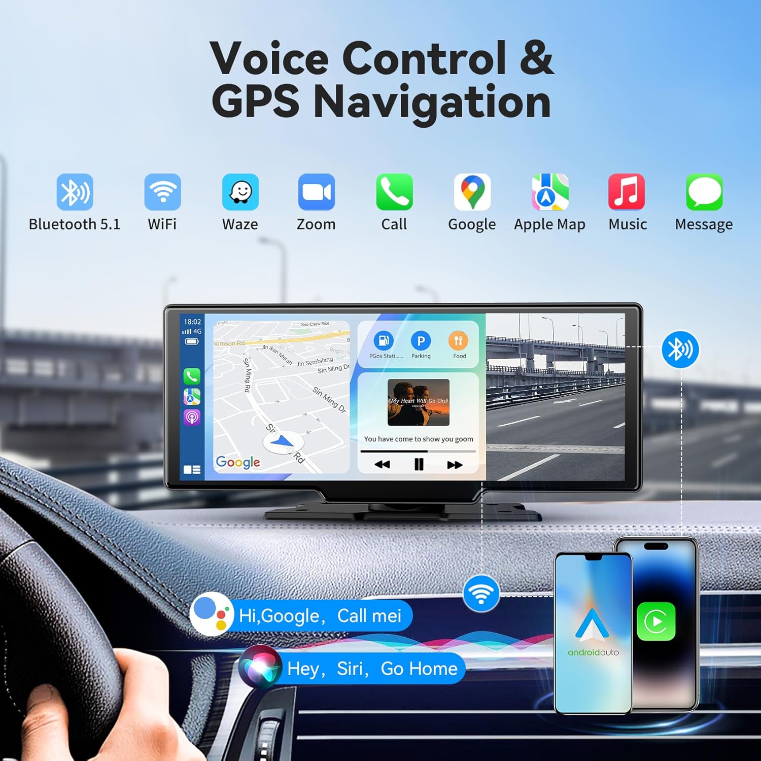 Portable CarPlay Screen, 11.26 Inch 4K Car Play & Android Auto HD Touchscreen, Wireless Car Stereo with Dash Cam, G-Sensor/App Control/Backup Camera/Loop Recording/Mirror Link/GPS/FM for All Vehicles