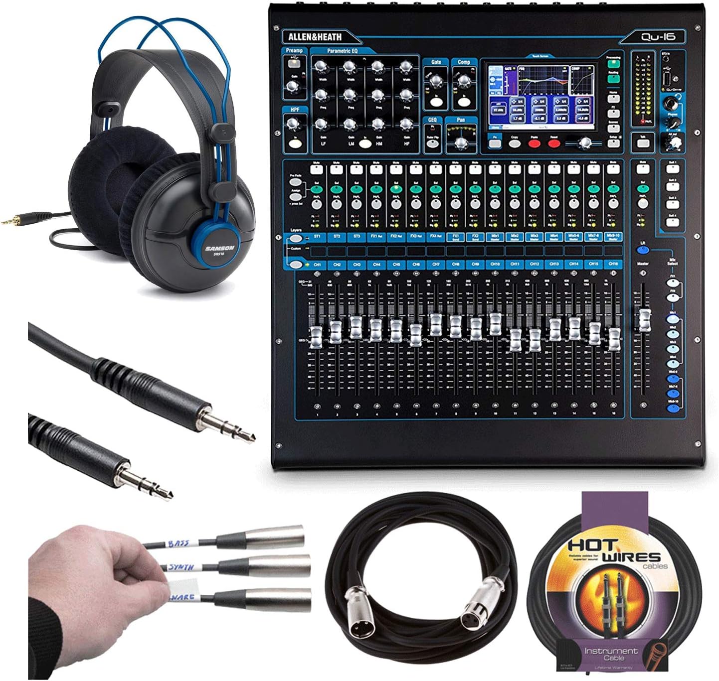 Allen & Heath QU-16C Rack Mountable Compact Digital Mixer, Chrome Edition + Headphones + Stereo Interconnect Cable + Label Kit + 10 ft Cable + Mic Cable - Top Value Mixer Accessory Kit!