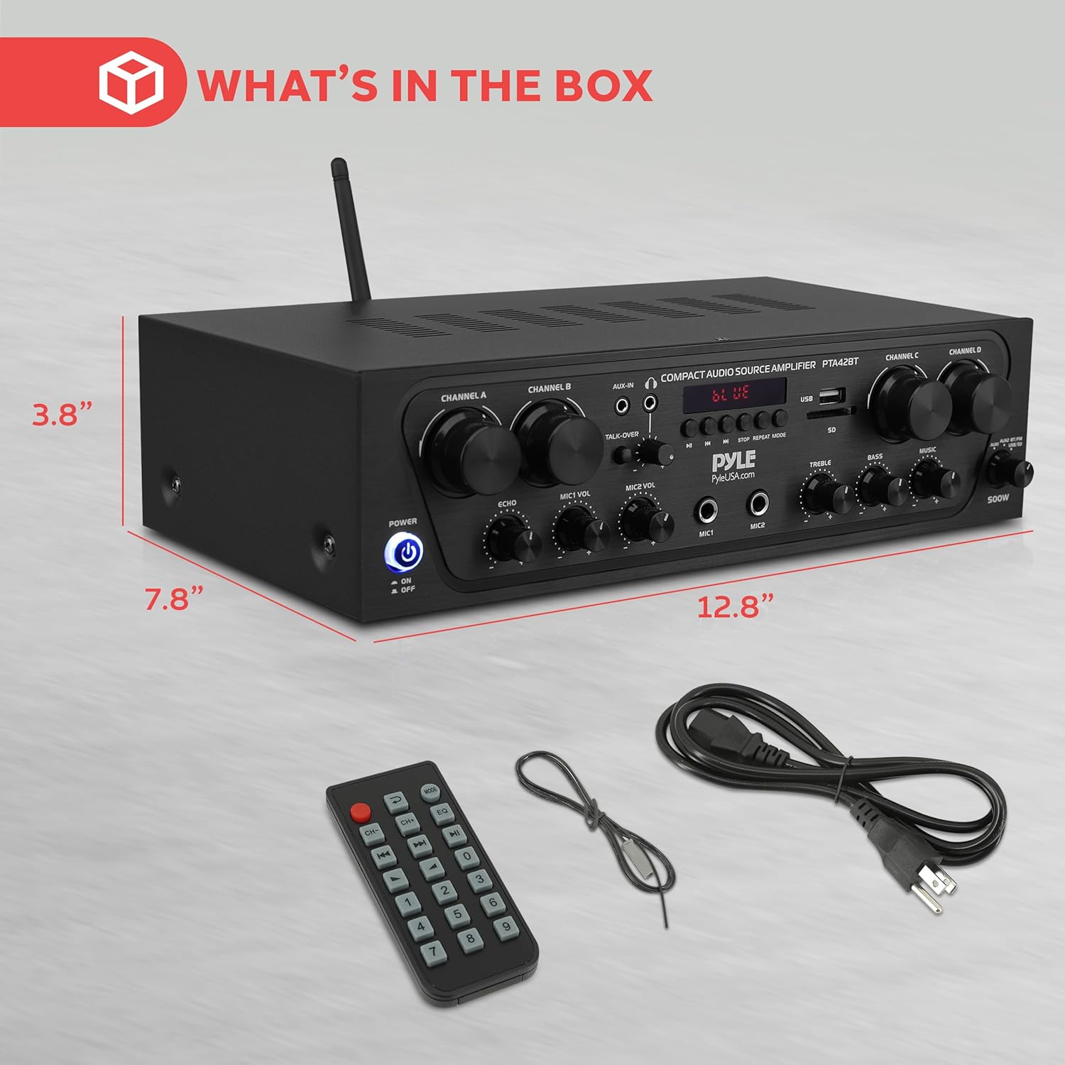 Pyle PTA42BT Wireless Karaoke Bluetooth Stereo Receiver - 4 Channel Power Amplifier w/USB,2 Microphone Input w/ Echo,Talkover for PA Great for Home Speaker System,Black