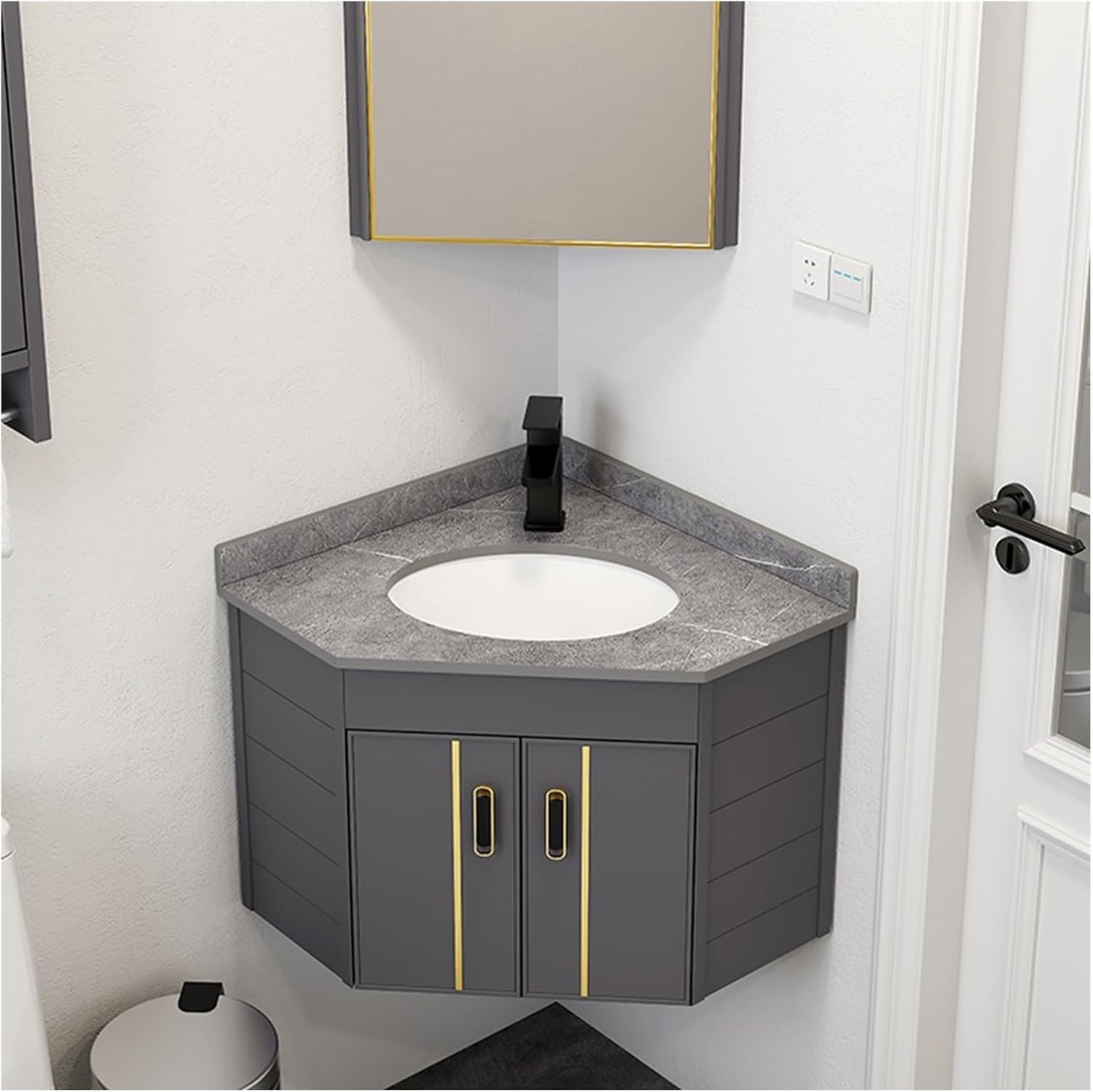 Bathroom Vanity Cabinet,Small Wall Mount Corner Sink,Bathroom Vanity w/Rock Board Top,Bathroom Ceramic Triangle Wall Mounted Mini Vanity Space Sink with Soft-Close System and Black Faucet(Gray)