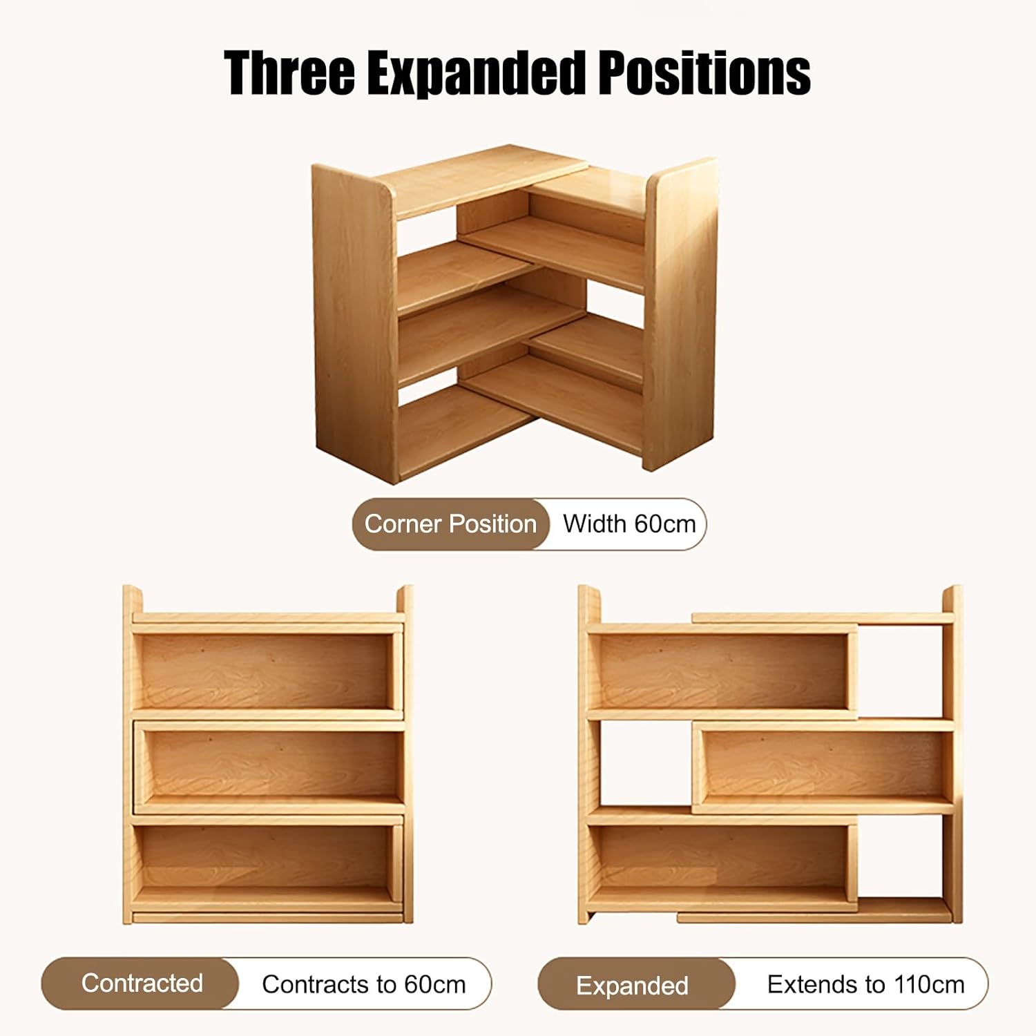 3 Tier Wooden Corner Bookshelf Expandable Convertible Bookcase with Adjustable Width, Freestanding Display Rack Shelving Unit for Home Decor Office(60cm/23.6in)