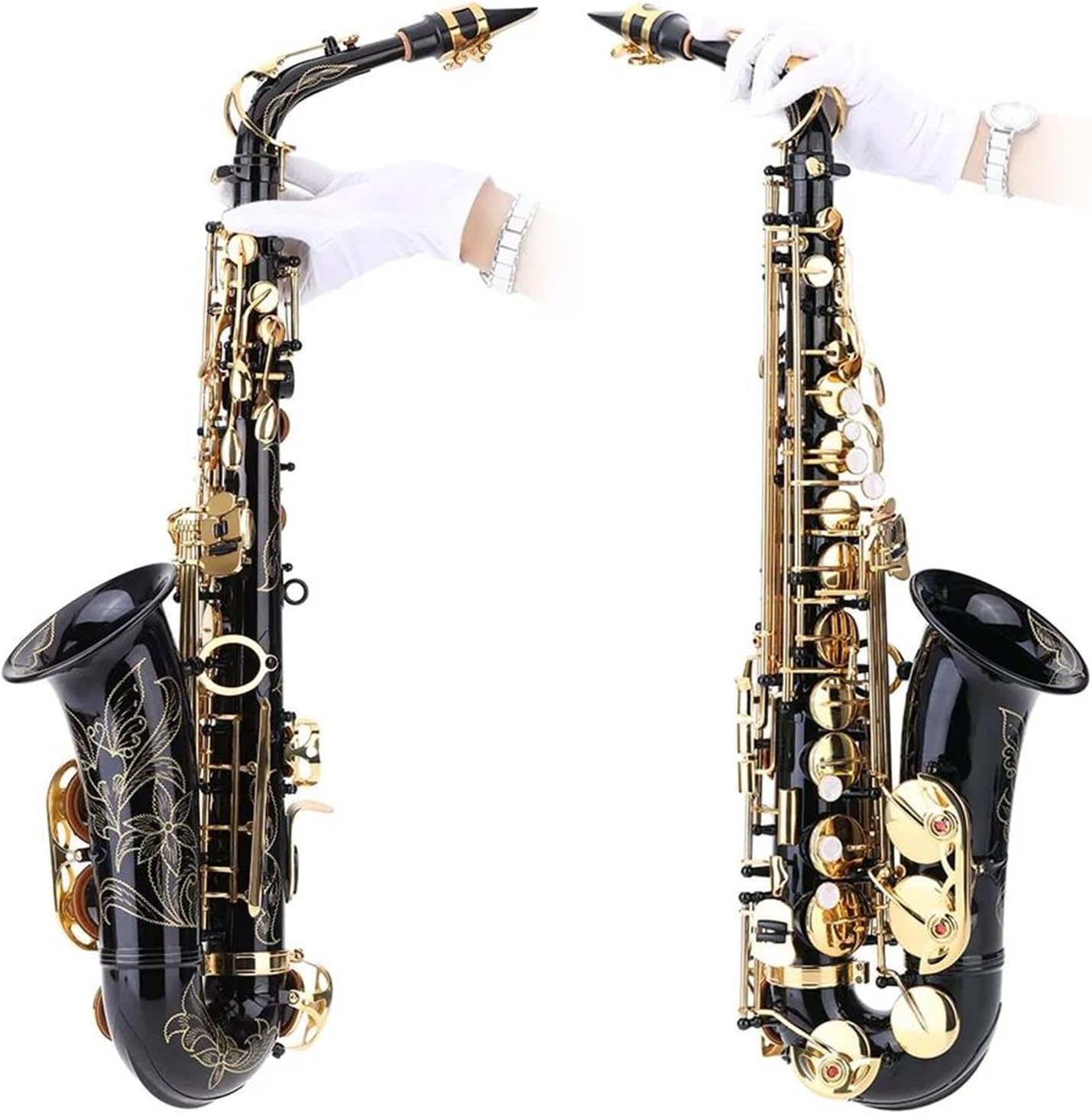 Eb Alto Saxophone Brass Lacquered Gold E Flat Sax Key Type Woodwind Instrument With Brush Cloth Gloves Strap Padded Case (Color : Black)