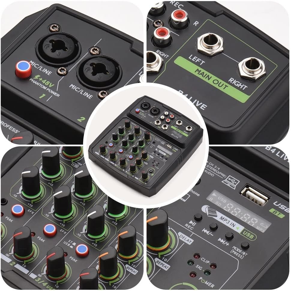 4-Channel Audio Mixer Mixing Console LED Screen Built-in Soundcard USB BT Connection with 2-Band EQ Gain Delay