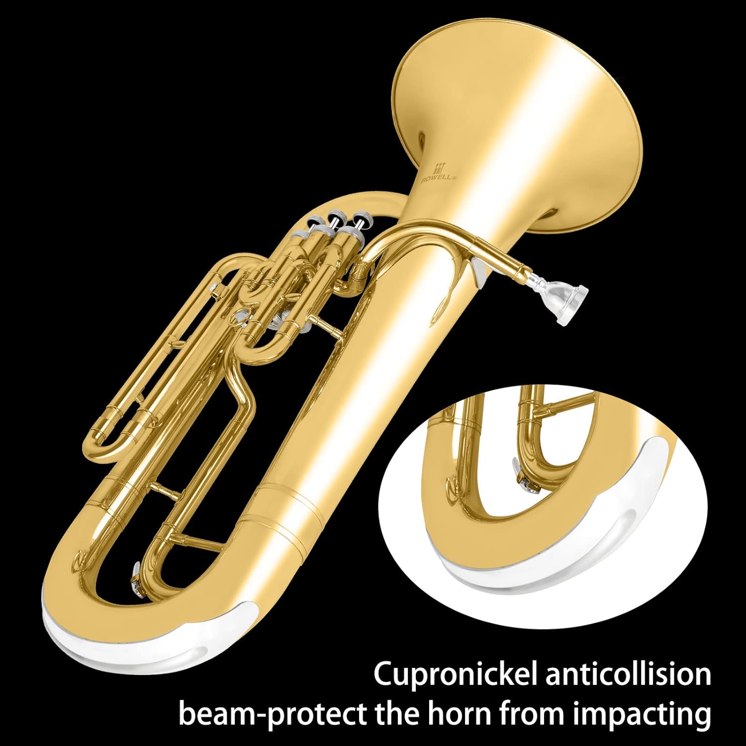 ROWELL Euphonium 3 Valves Bb Brass Lacquer Gold 3 Stainless Steel Pistons Student Euphonium Beginners Intermediate Euphoniums with Case Gloves and Polishing Cloth