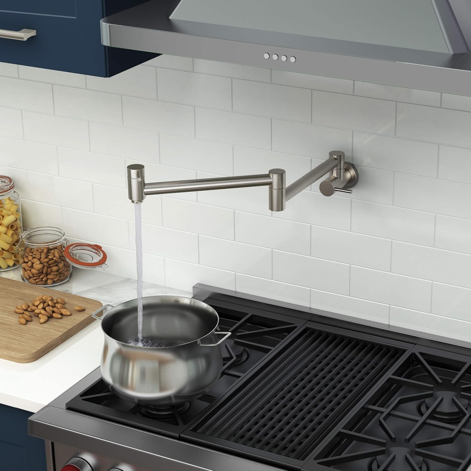 KIBI Brushed Nickel Finish Circular Pot Filler Faucet | Wall Mount Kitchen Faucet | Solid Brass, 360 Degree Swivel, Single Handle, Hot and Cold Water | Kitchen and Bar Use | (KPF601)