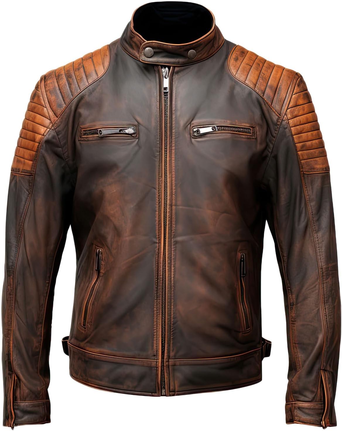 Mens Leather Jacket Distressed Rust Brown Genuine Sheepskin Racing Multi Zipper Outerwear Slim-fit Biker Quilted