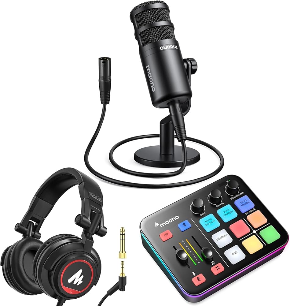 MAONO Gaming Podcast Equipment: Gaming Mixer with Dynamic Mic and 3.5 mm Monitor Headphones for Gamer, Youtuber, Podcaster