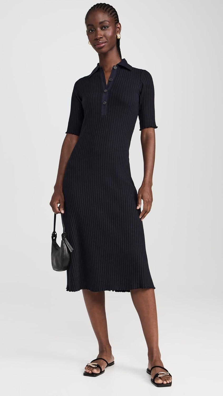 Vince Women's Rib Elbow Sleeve Polo Midi Dress