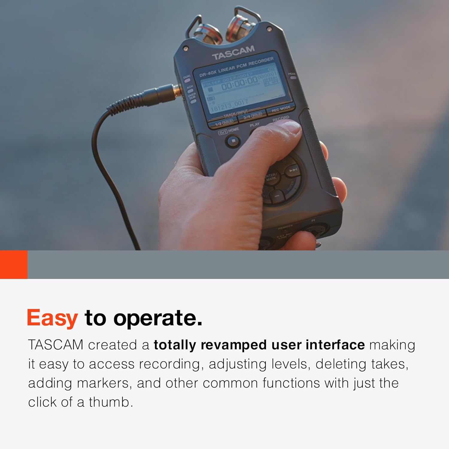 TASCAM DR-40X 4-Track Portable Handheld Field Recorder — 2 XLR/TRS Inputs, USB Audio Interface, Dual Adjustable Microphones for Stereo Recording of Music, Audio for Video and Podcasting