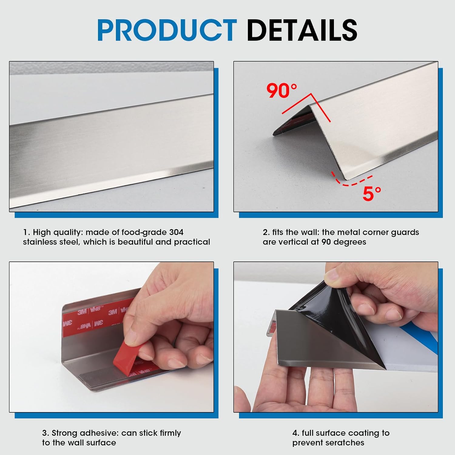 Stainless Steel Wall Corner Guards, 2 x 2 x 48 inches (10 Pcs Pack). Made of 304 Steel, These 90-Degree Angle Metal Corner Protectors are Designed for Wall Protection and Decoration