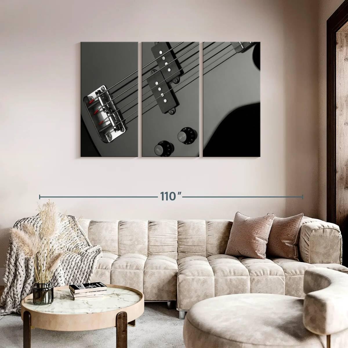 ElephantStock - Bass Guitar Wall Art - Horizontal Multi Panel Canvas - 3 Piece Living Room Wall Decor - Photography Music Multi Piece Wall Art - Gray And Black Decor - 74