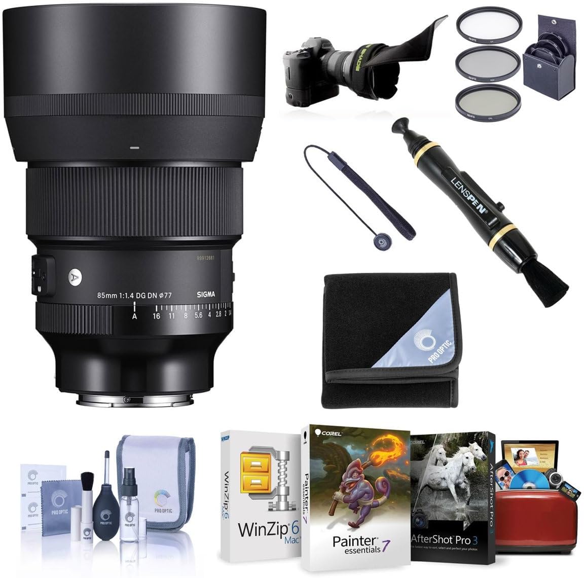 Sigma 85mm f/1.4 DG DN Art Lens for Sony E, Bundle with ProOptic 77mm Filter Kit, Mac Software Kit, Cleaning Kit, Lens Wrap, Flex Lens Shade, Lens Cap Tether, Lens Cleaner
