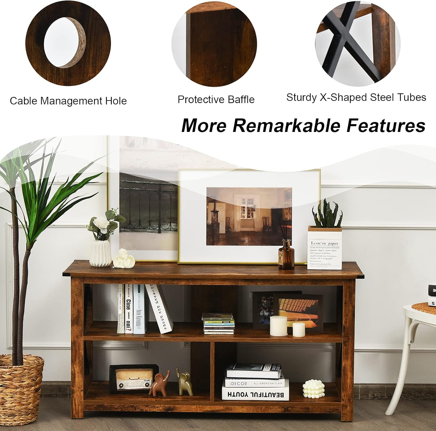 Tangkula Wood TV Stand with Open Shelves and X-Shaped Frame, 3 Tier Entertainment Center for 55-Inch TV, Farmhouse TV Console Table, Open TV Stands for Living Room Bedroom (Brown)