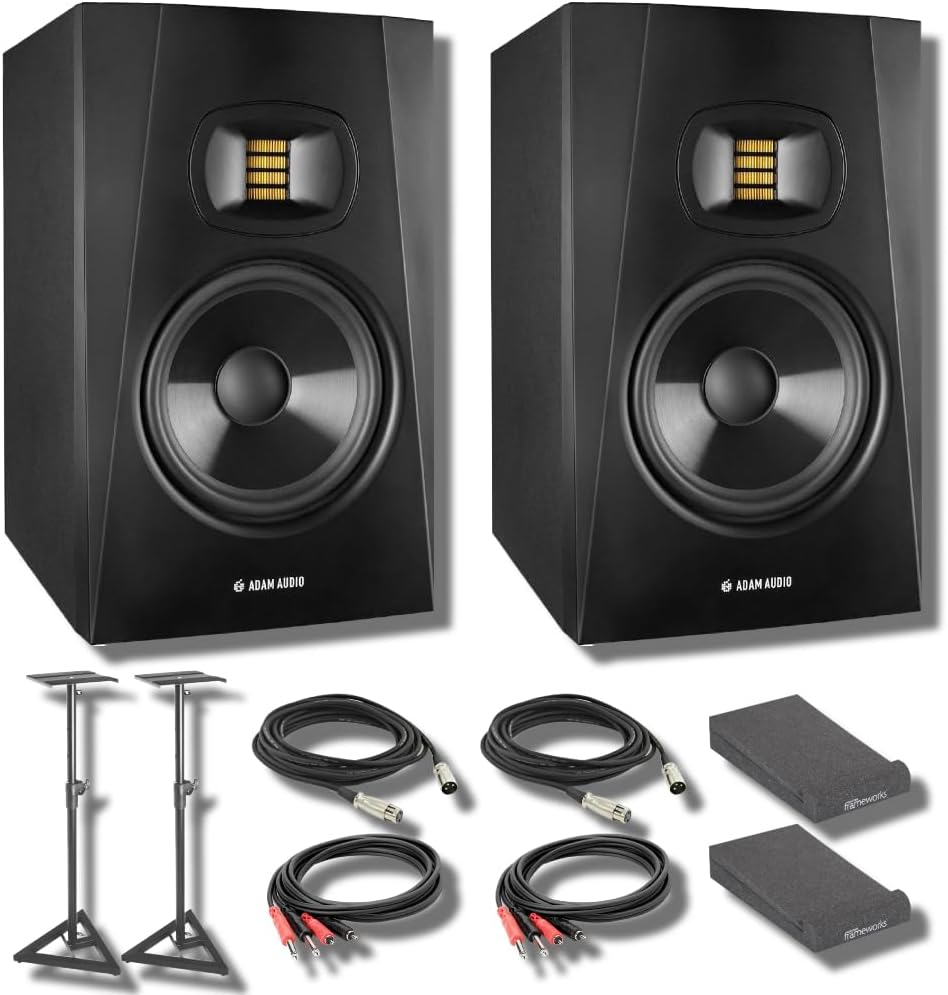 Adam Audio T5V Studio Monitor (Pair) with Isolation Pads, On-Stage SMS6000-P Monitor Stands, XLR Cables, Stereo Interconnect Cables and StreamEye Cloth