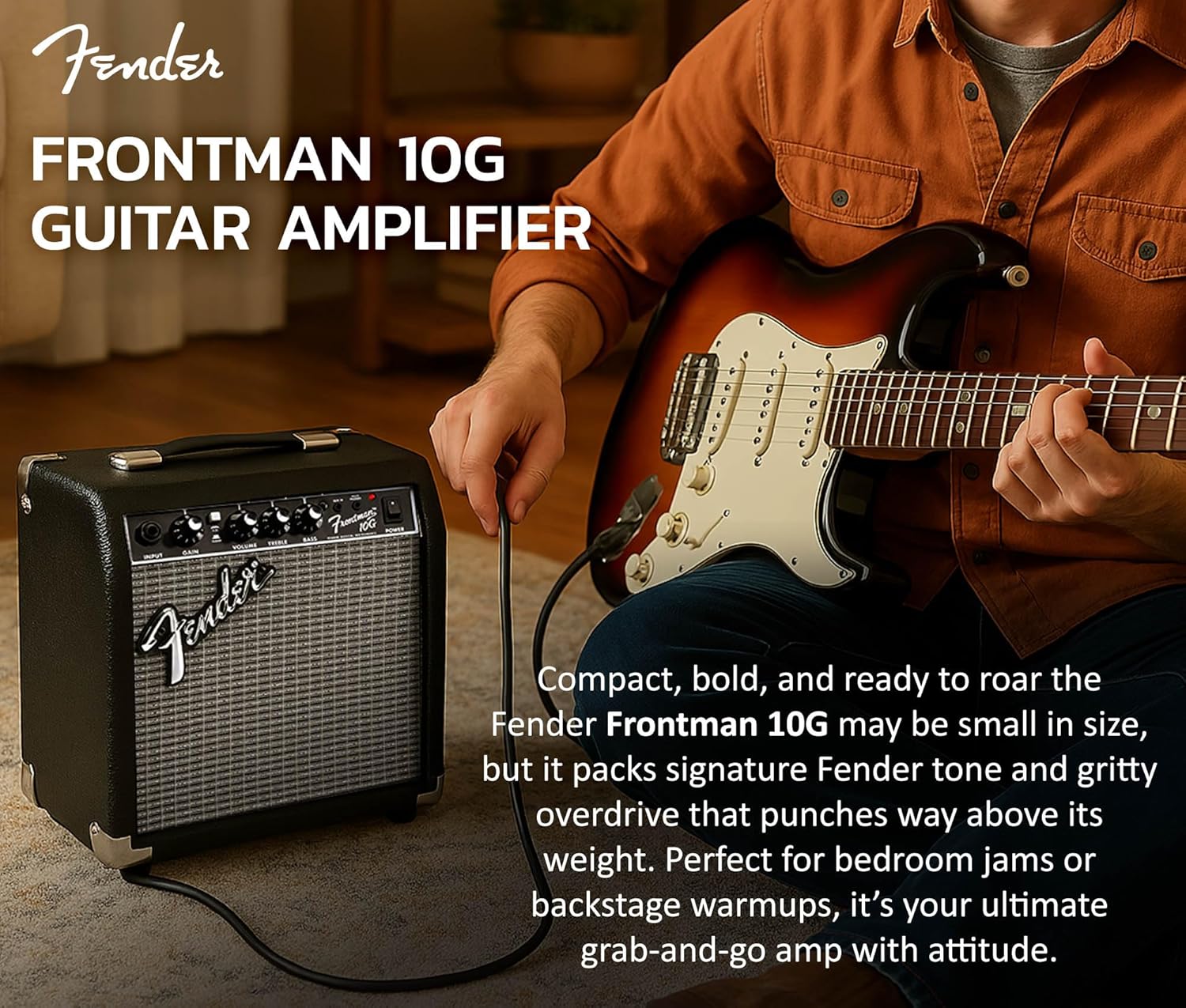 Fender Frontman 10G Guitar Combo Amplifier - Black Bundle with Cable and Austin Bazaar Exclusive 12-Pack Picks