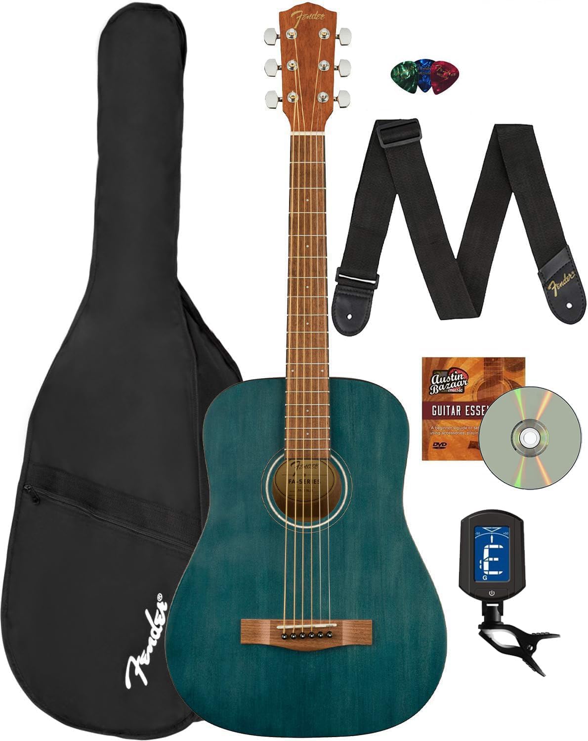 Fender FA-15 3/4-Scale Kids Steel String Acoustic Guitar - Blue Learn-to-Play Bundle with Gig Bag, Tuner, Strap, Picks, and Austin Bazaar Instructional DVD