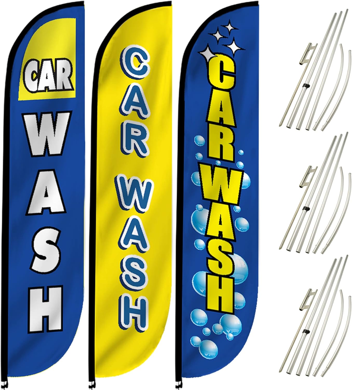 LookOurWay 12-Feet Tall Car Wash Themed Feather Flag Banner for Business Advertising 3-Pack: Includes 3 Banner Flags, 3 Telescopic Pole Sets, and 3 Ground Spikes (10M1200045, 10M1200111, 10M1200046)