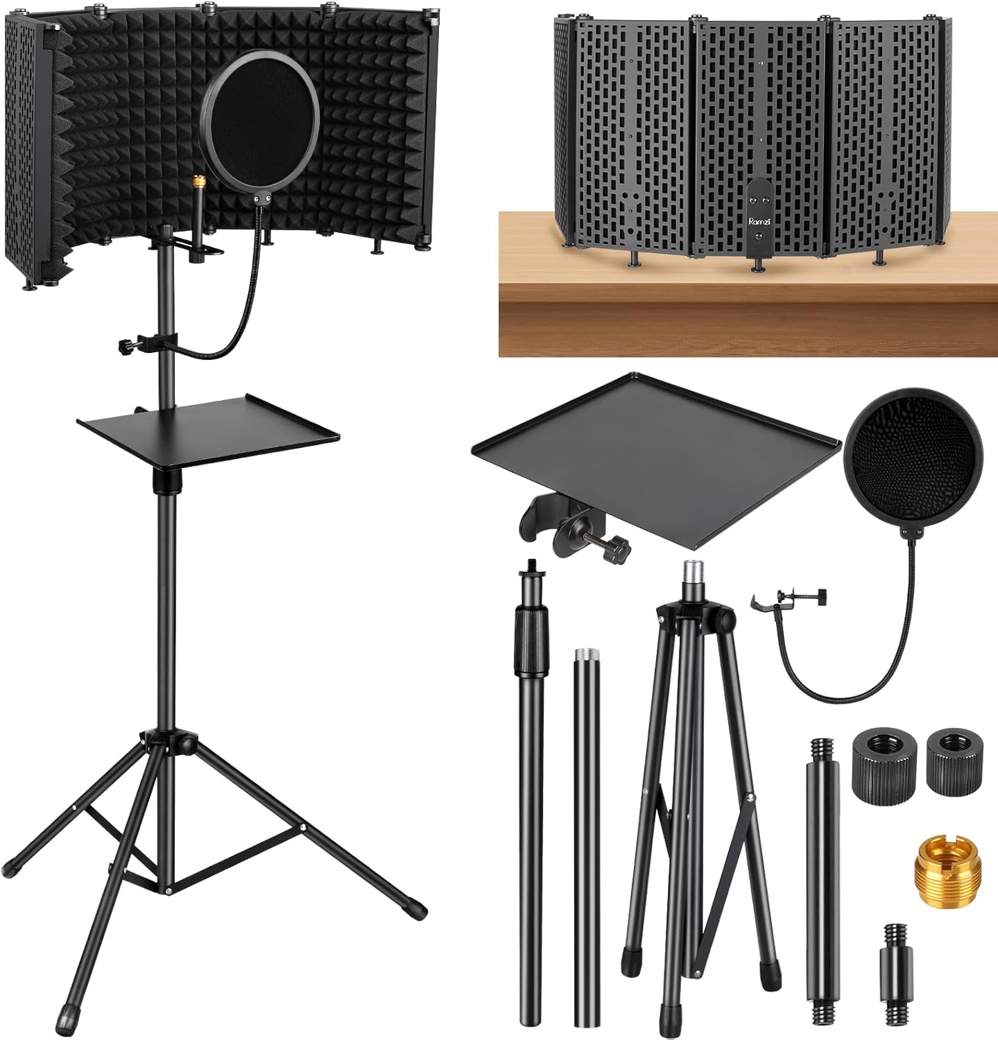 Microphone Stand With Isolation Shield,Recording Studio Equipment With Pop Filter,Tripod Stand, Foldable Mic Shield With Sound Insulation For Recording Studio, Podcasts,Broadcasting