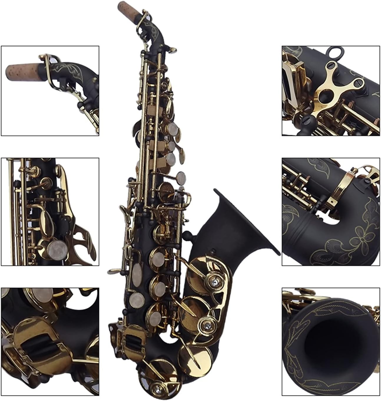 Sax Beginners Kit Soprano Saxophone Exquisite Carved Flower Black Nickel Gold Surface B Tone Sax Brass Instrument with Case Wind Instrument