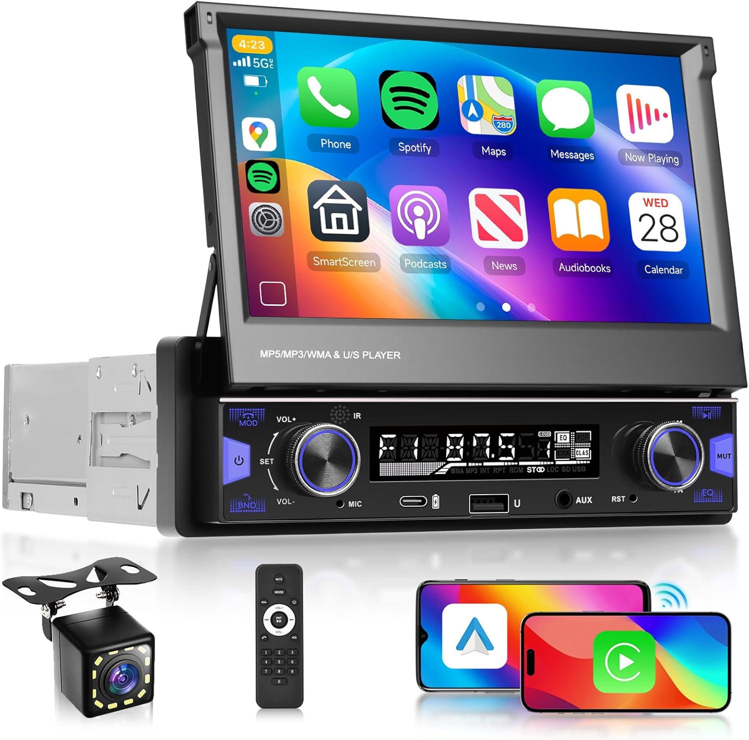 Single Din Car Stereo Screen Flip Out Wireless CarPlay Android Auto, Driauto Car Radio Bluetooth 1 Din 7 inch Touchscreen with AM FM Radio Car Audio Receiver Mirror Link,Type-C/USB/AUX Backup Camera