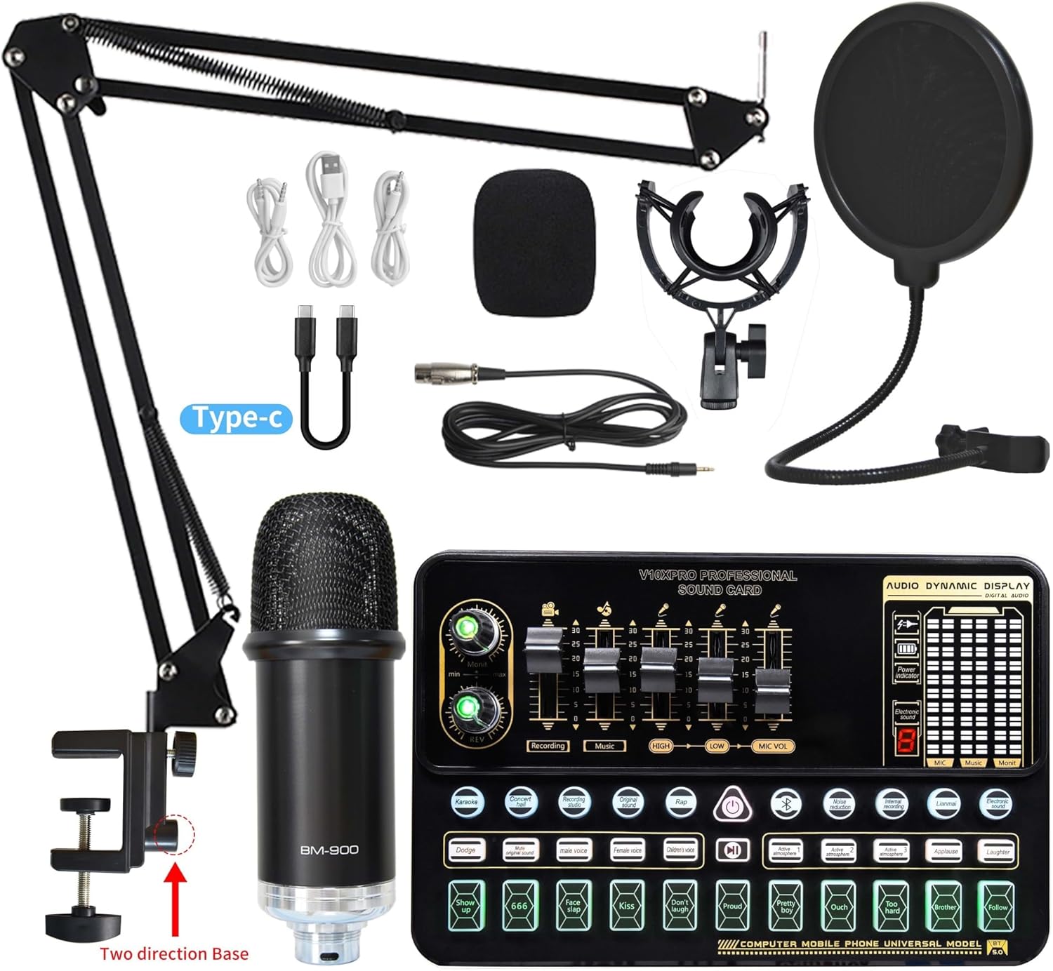 Condenser Microphone Bundle Sound Card Kit with Adjustable Mic Suspension Scissor Arm Professional Studio Wireless Karaoke MIC Studio Setup for Recording Music