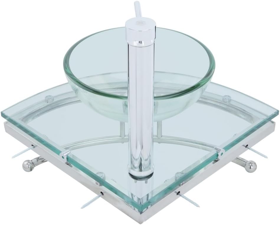 Renovators Supply Talula Corner Glass Wall Mounted Sink Round Shape Wall Hung Bathroom Vessel Sink Crystal Clear Tempered Glass Console With Chrome Faucet, Pop Up Sink Drain And Towel Bar Combo