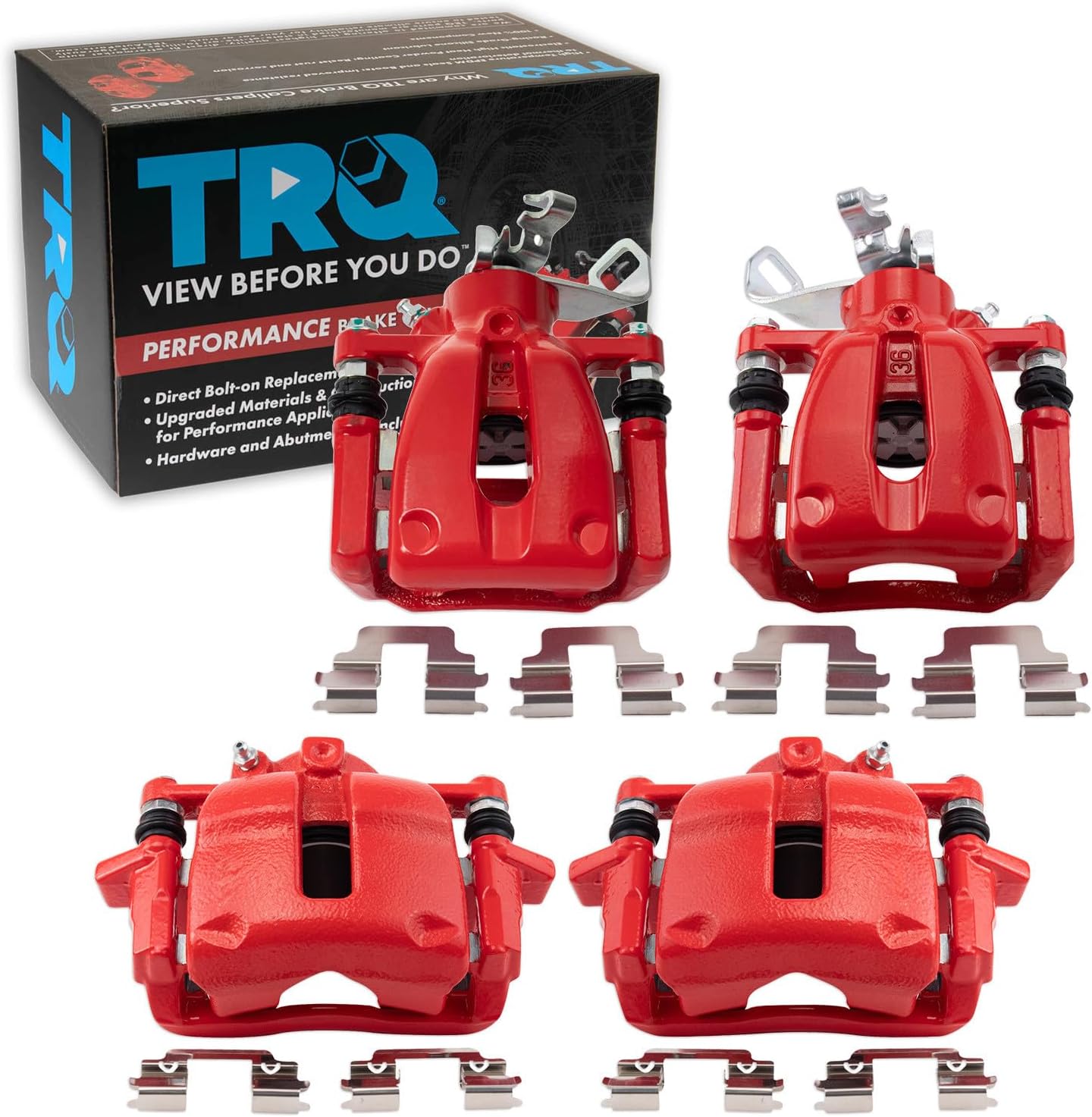 TRQ Performance Front and Rear Brake Caliper Set Caliper Brackets Hardware Compatible with 09-13 Mini Cooper without John Cooper Works Package with 294 mm Diameter Front Rotors