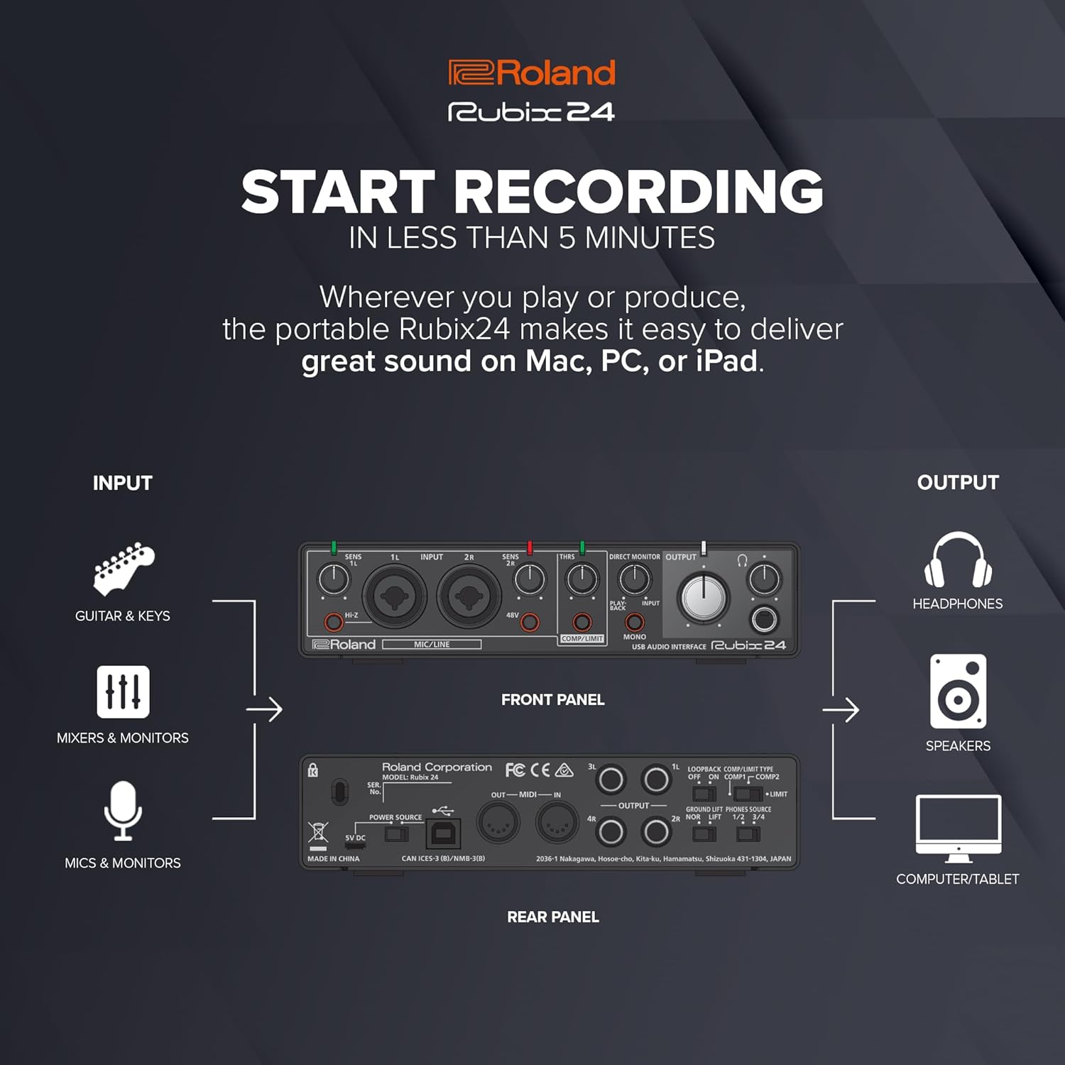 Roland Rubix24 2-In/4-Out USB Audio Interface | High-Resolution Audio | Record with Mics, Guitars, Keys & More | Compact & Durable Build | Compatible with Mac, PC & iPad | Expanded I/O Features