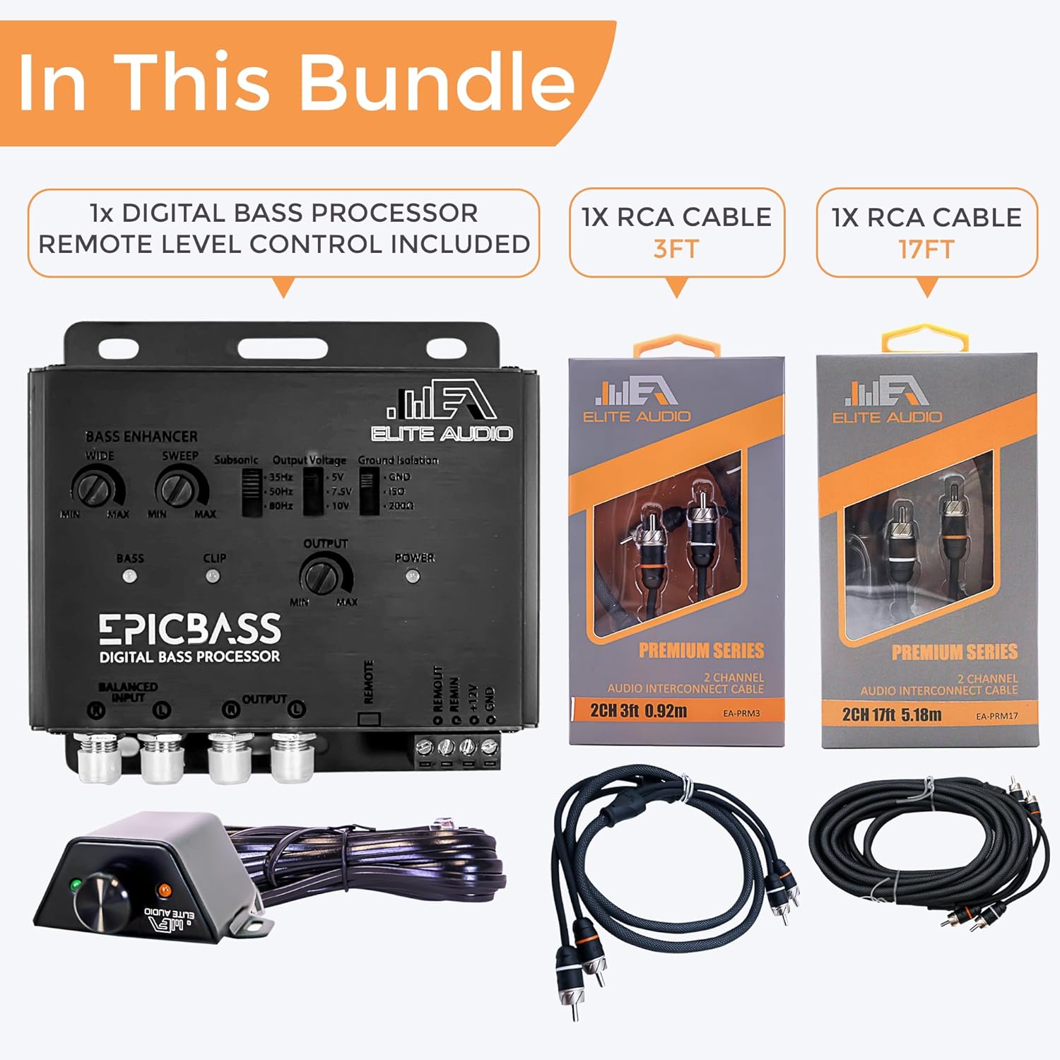Elite Audio Epic Bass Digital Bass Restoration Kit - Epic Bass Processor with 3ft. & 17ft. Oxygen Free RCA Cables - Boosted Bass Performance, Remote Bass Control