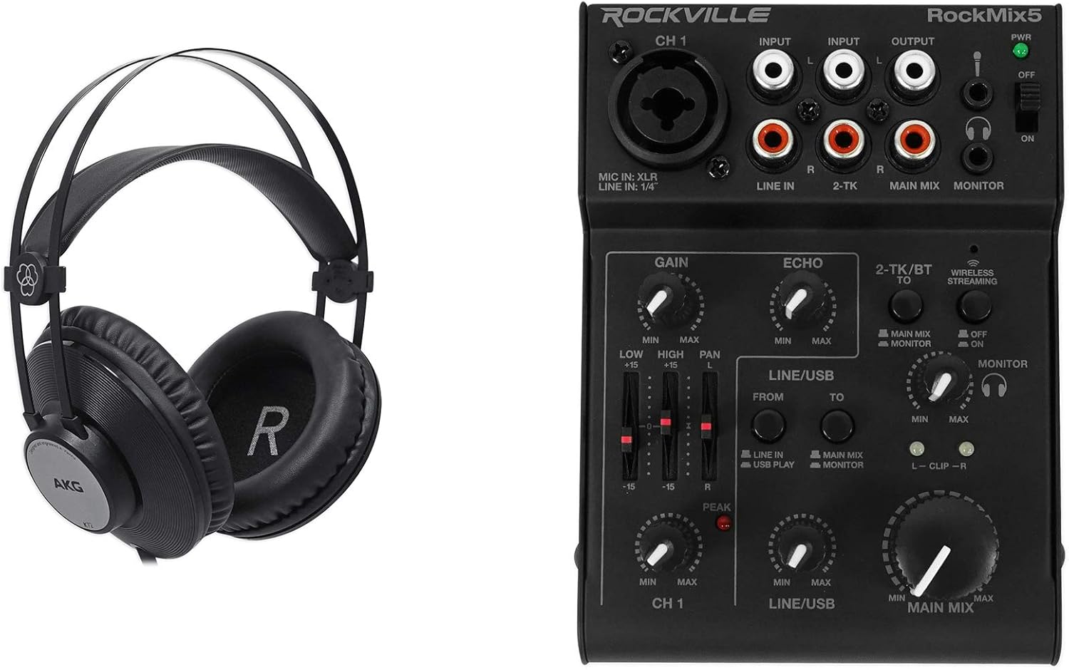 Rockville RockMix 5 Channel Pro Mixer w/USB Interface, Bluetooth, Echo, EQ Bundle with AKG K72 Closed-back Stereo Studio Recording Headphones w/ 40MM Drivers