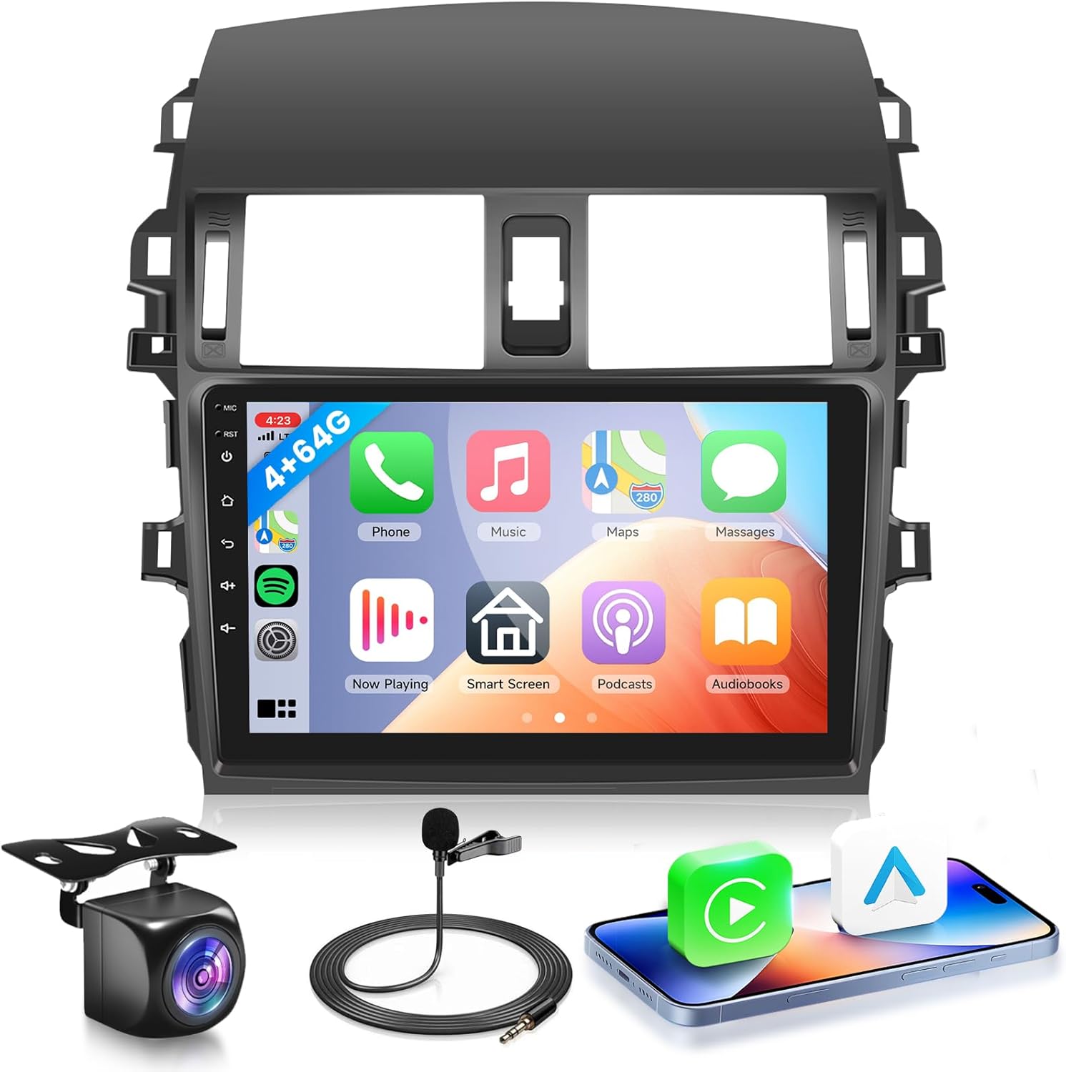 4G+64G Car Radio for Toyota Corolla 2009-2013 Wireless Carplay Android Auto, 9 inch 1280X720 Touchscreen Car Stereo with GPS WiFi FM/RDS Bluetooth 32EQ SWC Backup Camera