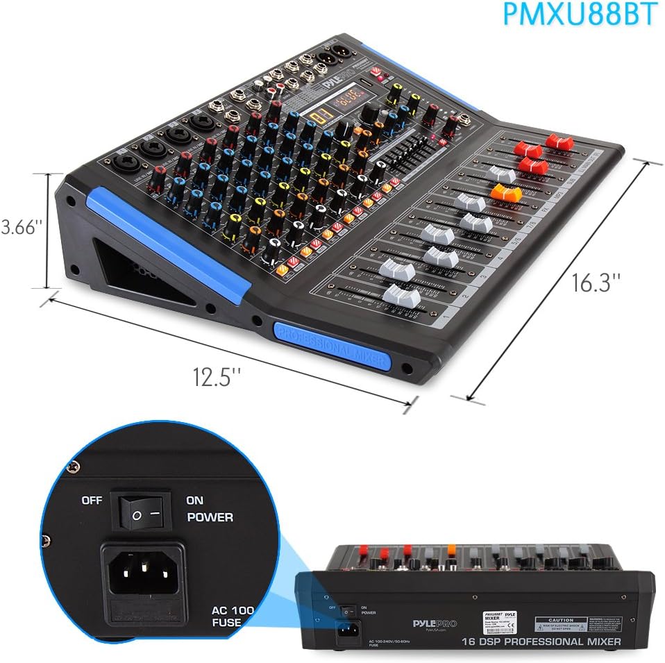 Pyle 8-Channel Bluetooth Studio Console Audio Mixer - DJ Sound Controller Interface w/ USB for PC Recording, XLR Mic Input, 48V Phantom Power, RCA Input/Output for Professional & Beginners- PMXU88BT