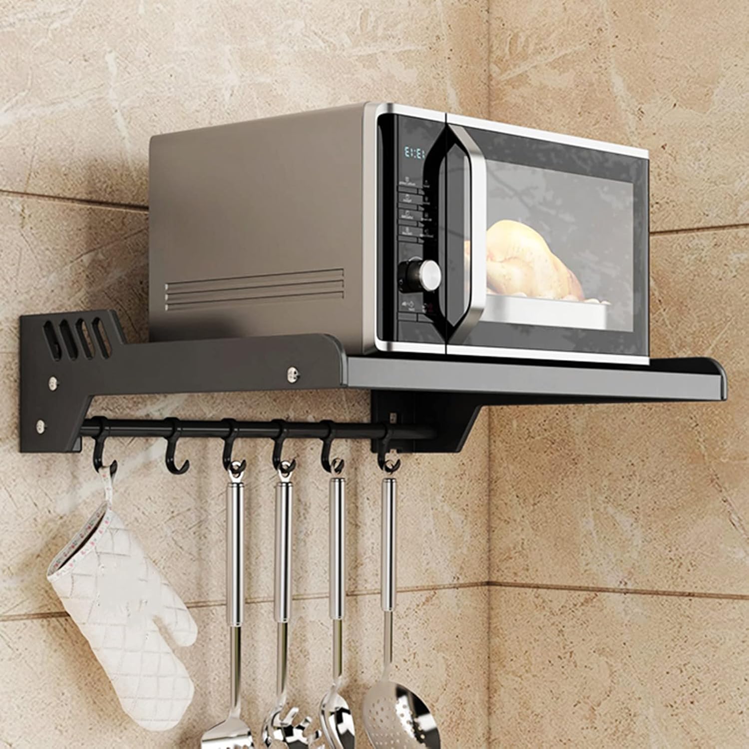 Commercial/Household Wall Mount Bracket Metal Shelving, Kitchen Spice Rack Microwave Oven Shelf with Hooks, Multifunctional Storage Stand Holder, Bathroom Organizer Shower Caddy Storage