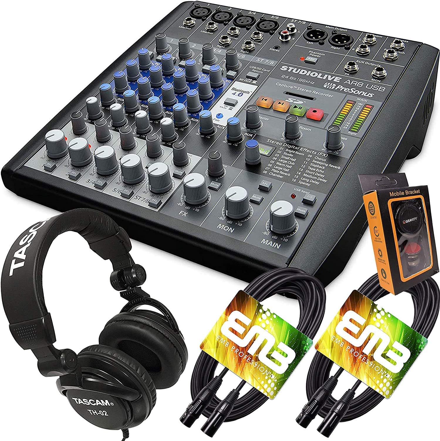 PreSonus StudioLive AR8 USB Mixer and Audio Interface with Effects and Pro DJ Headphone with Pair of EMB XLR Cable and Extra Bundle (SLAR8+TH02 (2)+M)