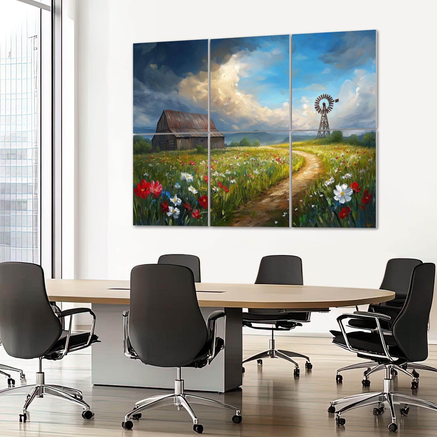 6 Pack Art Acoustic Panels Sound Absorbing Rustic Farmhouse Wooden Country Meadow Landscape Blue Sky Wild Flowers Decorative Soundproof Wall Panels Self Adhesive for Recording Studios Office 72