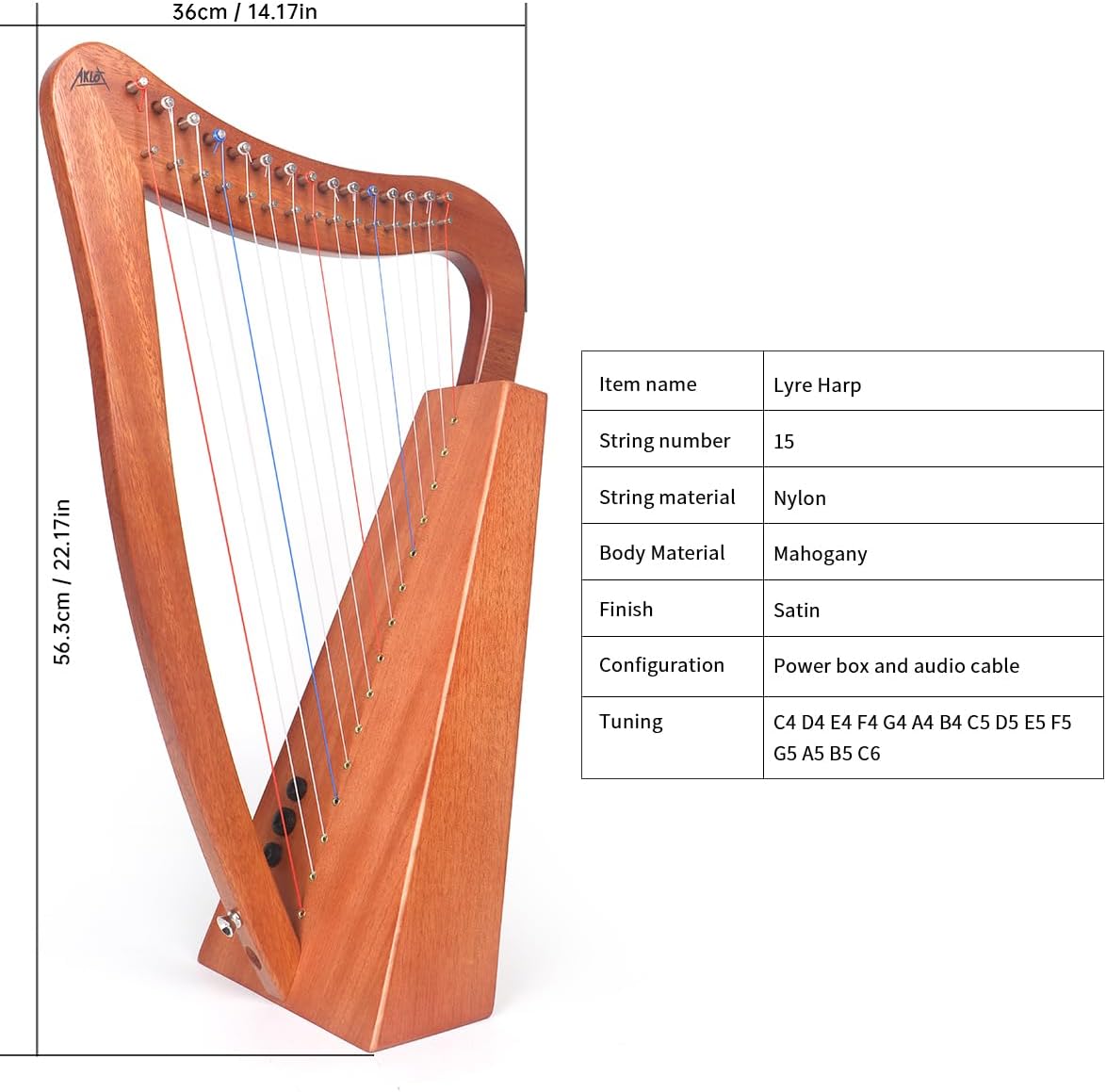 Harp, AKLOT 15 Strings Mahogany Lyer Harp 22 inch Height with Electric Box, Tuning Wrench, Black Bag and Strap,Lyer Kit Gift for Adult Professional Beginner