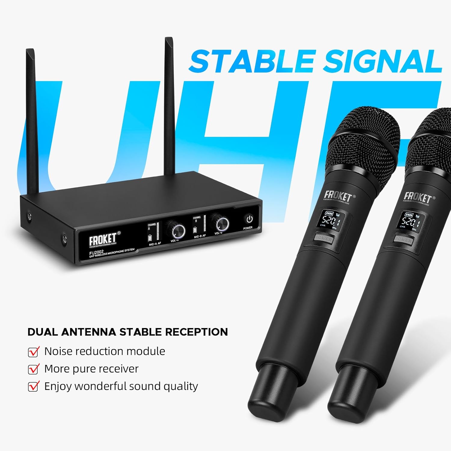 FU-2002 Dual Handheld UHF Wireless Microphone System - 260ft Range, Auto Pairing, LCD Display for Church/Speech/Meeting