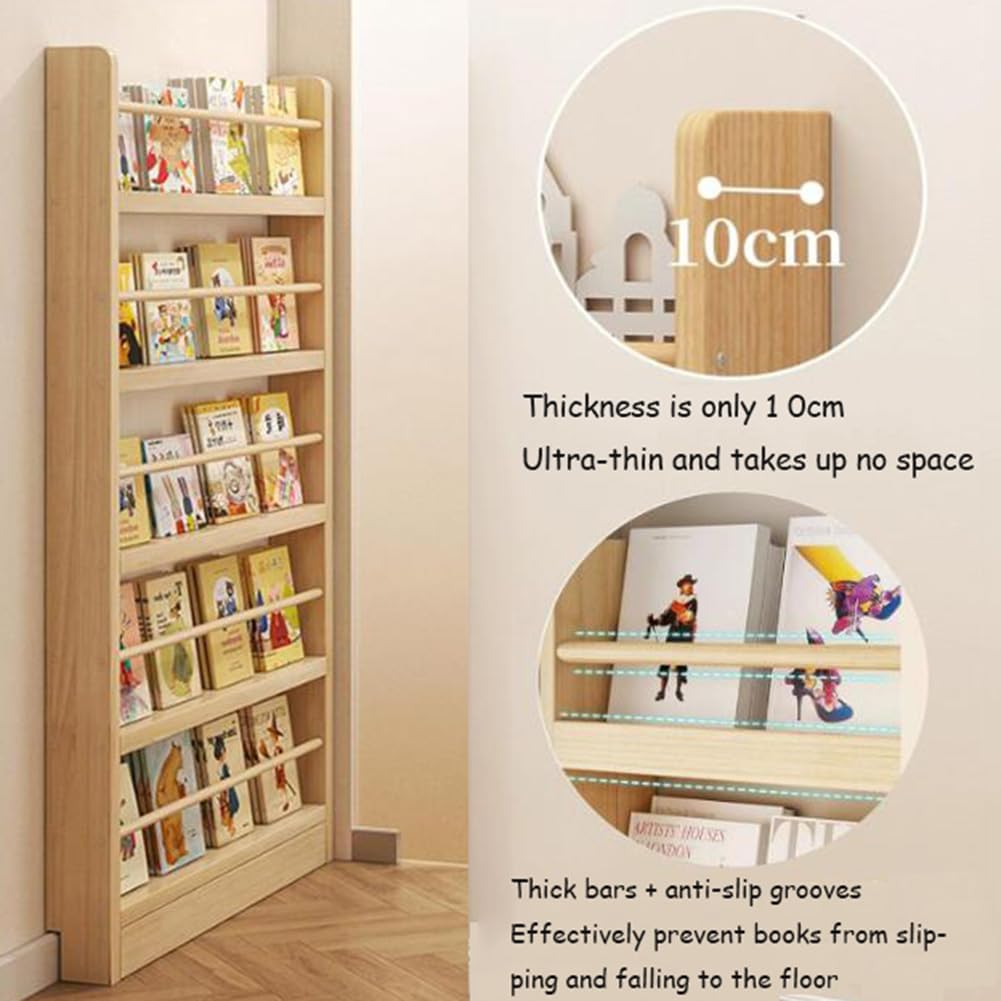 Wooden Wall Mount Bookshelf with Hooks Space Saving nizer for Narrow Spaces 50 * 10 * 119cm