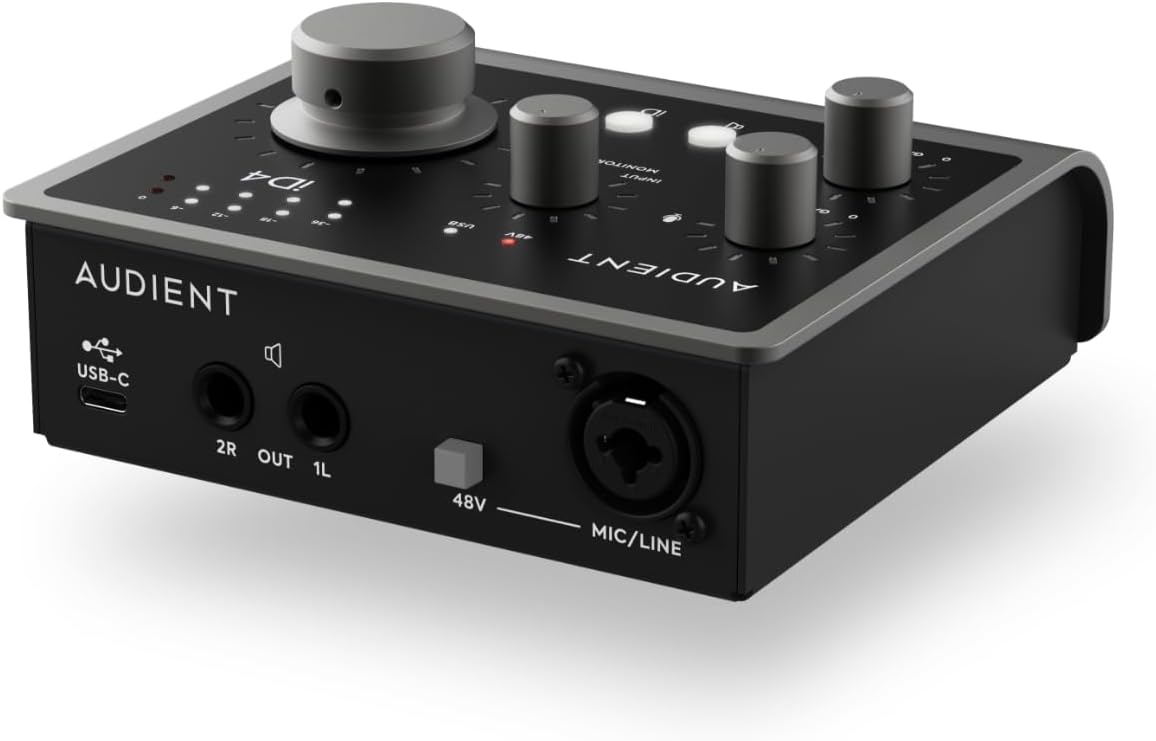 Audient Audio Interface iD4 MKII, Class A Console Microphone Preamp (High Speed USB-C, Monitor Mix and Monitor Panning Function, 2 Headphone Outputs, Mac/PC/iOS Compatible), Black